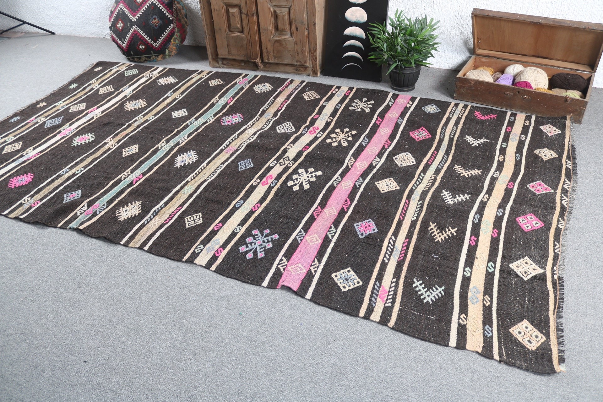 Türk Halıları, Vintage Halı, Düz Dokuma Halı, Büyük Oushak Halı, Siyah Yün Halılar, Kilim, Nötr Halı, Büyük Vintage Halı, 6.1x10.9 ft Büyük Halılar