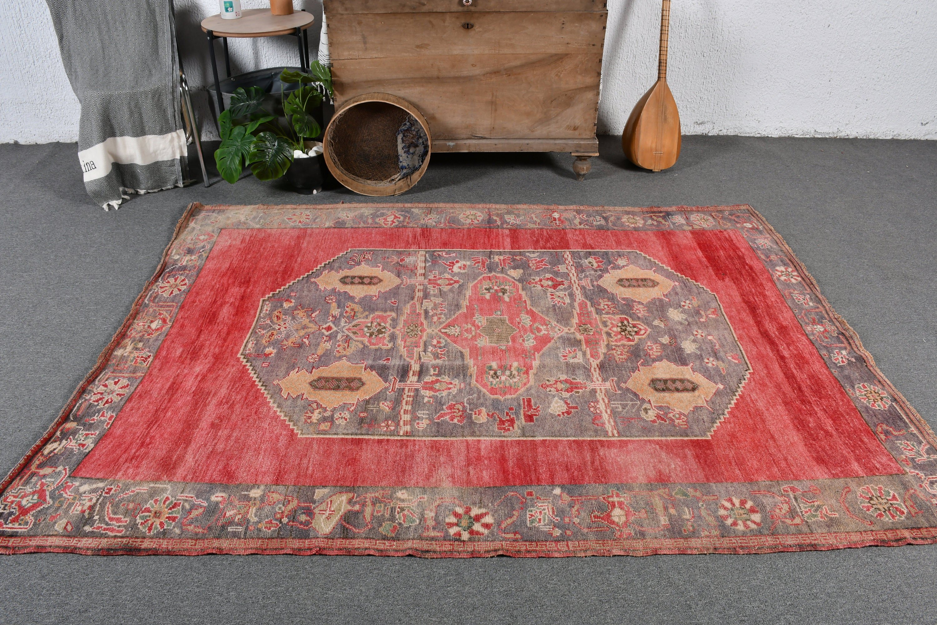 Vintage Rugs, Rugs for Indoor, 5.2x7 ft Area Rug, Bedroom Rug, Turkish Rug, Living Room Rugs, Oushak Rug, Red Floor Rug