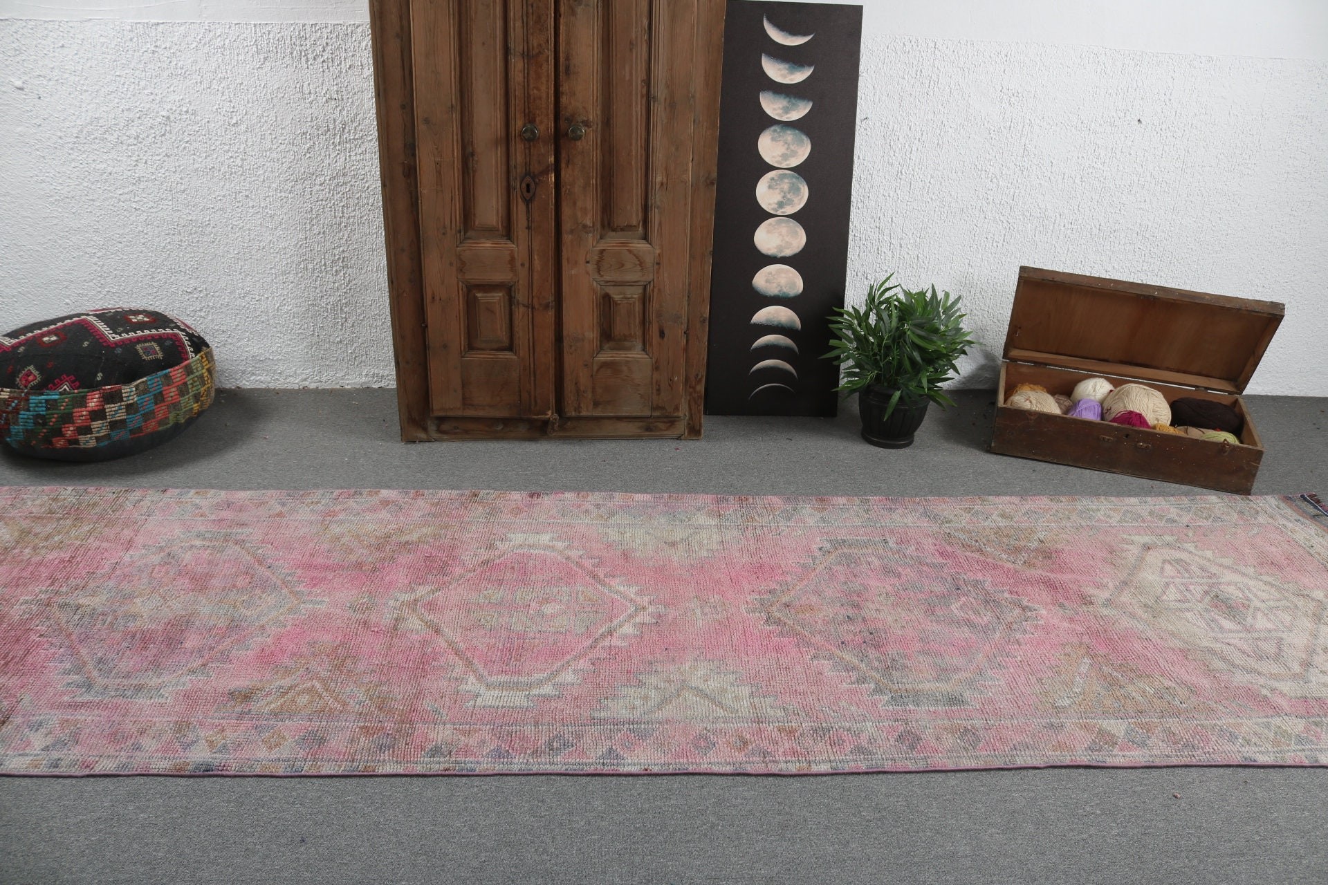 Pink Statement Rug, Flatweave Rugs, Home Decor Rugs, Beni Ourain Runner Rug, Kitchen Rug, Turkish Rugs, 3.4x13 ft Runner Rug, Vintage Rugs