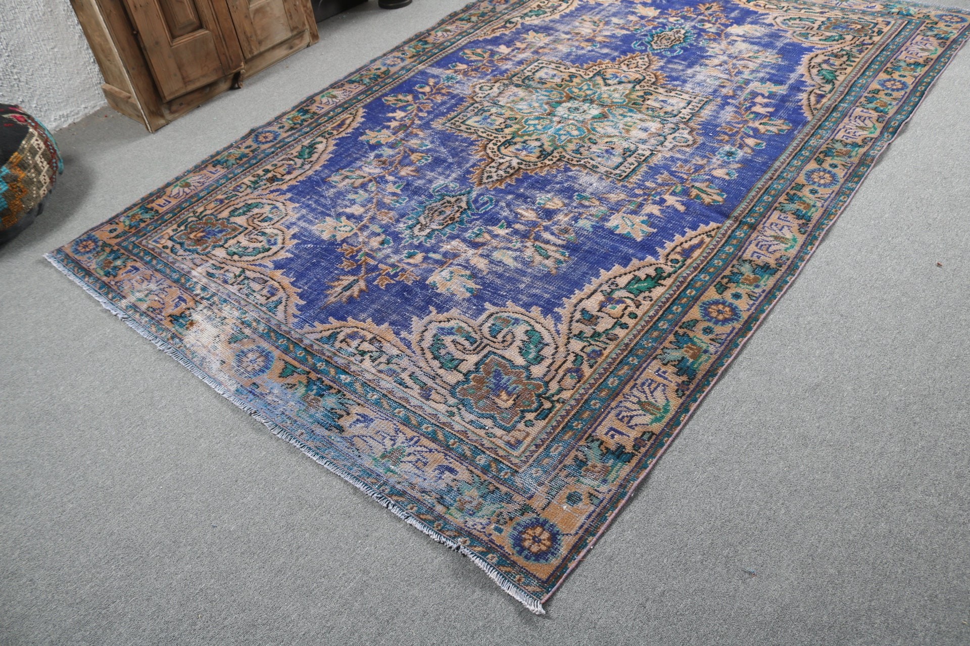 Oryantal Halılar, Yemek Odası Halıları, Vintage Halı, Büyük Oushak Halıları, Türk Halısı, Oushak Halıları, Mavi 6,1x9,4 ft Büyük Halı