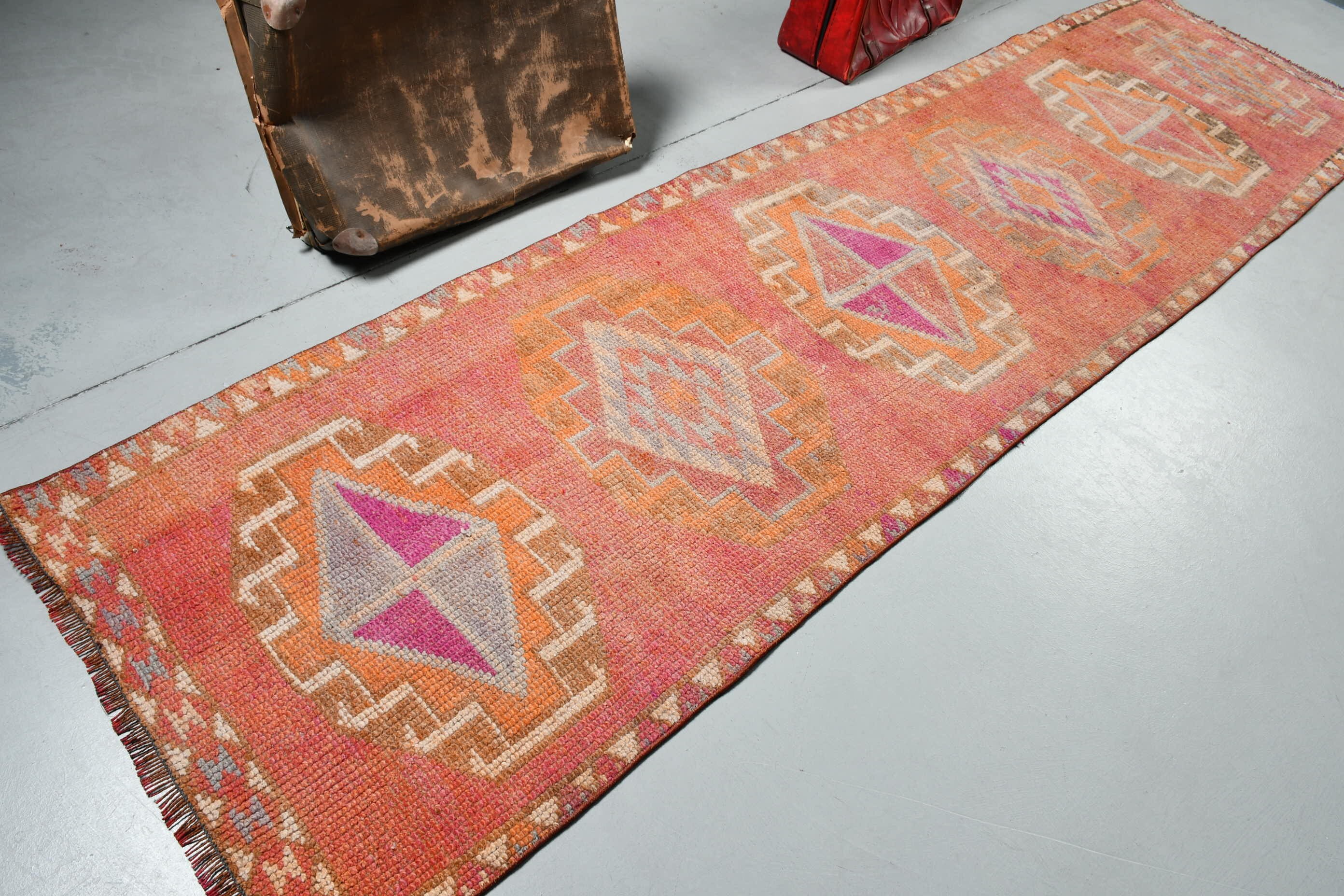 Merdiven Halısı, Vintage Halı, Runner Halıları, Türk Halısı, Anadolu Halısı, Mutfak Halısı, 2.9x11.6 ft Runner Halısı, Pembe Mutfak Halısı, Soyut Halı