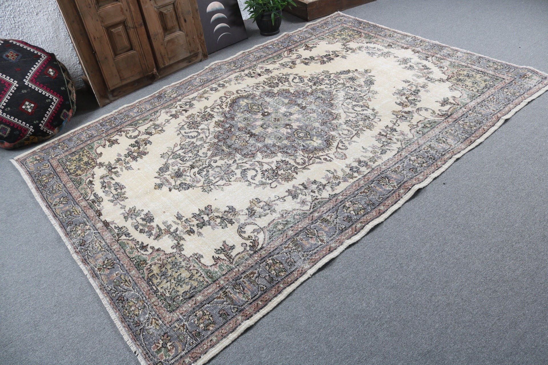 Gri El Dokuma Halılar, Vintage Halı, Yer Halısı, Oturma Odası Halıları, Türk Halıları, 6x8.7 ft Büyük Halı, Boho Halıları, Yemek Odası Halısı, El Dokuma Halıları