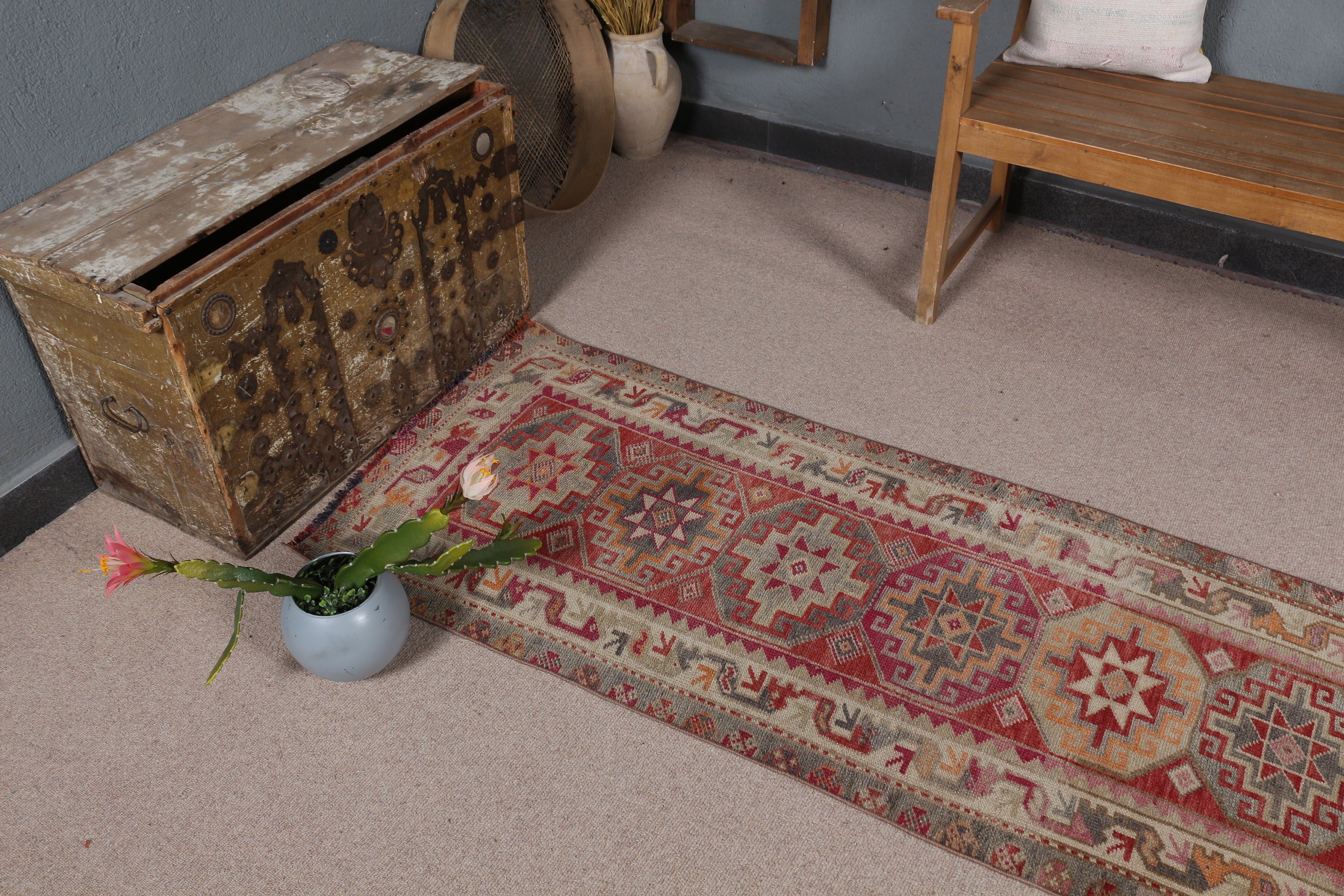 2.4x12 ft Runner Rug, Corridor Rugs, Old Rug, Red Moroccan Rugs, Turkish Rugs, Antique Rug, Rugs for Kitchen, Vintage Rug, Wool Rugs