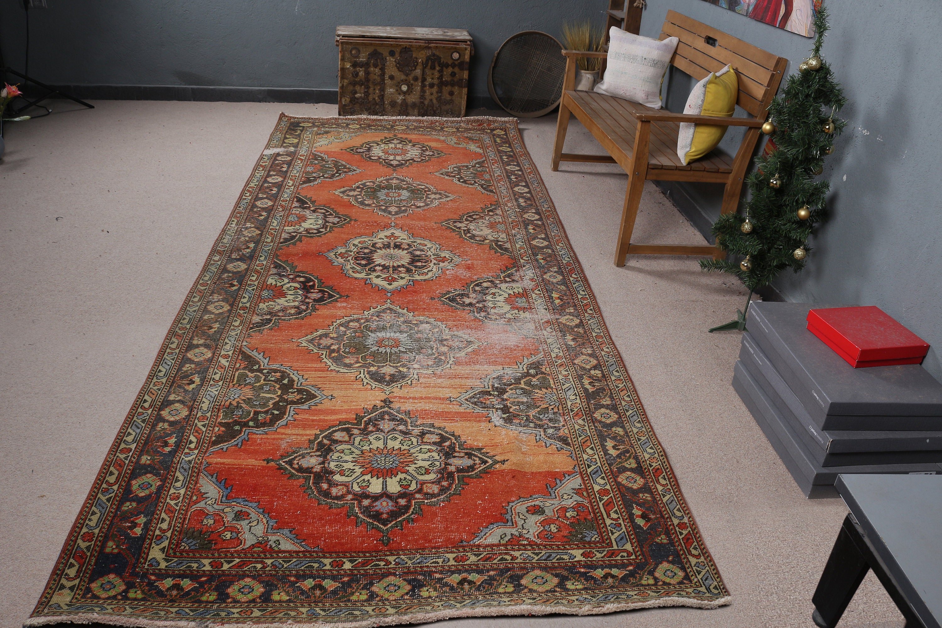 Vintage Halılar, 4.9x12.5 ft Yolluk Halı, Merdiven Halısı, Oryantal Halı, Turuncu Ev Dekor Halıları, Türk Halısı, Mutfak Halıları