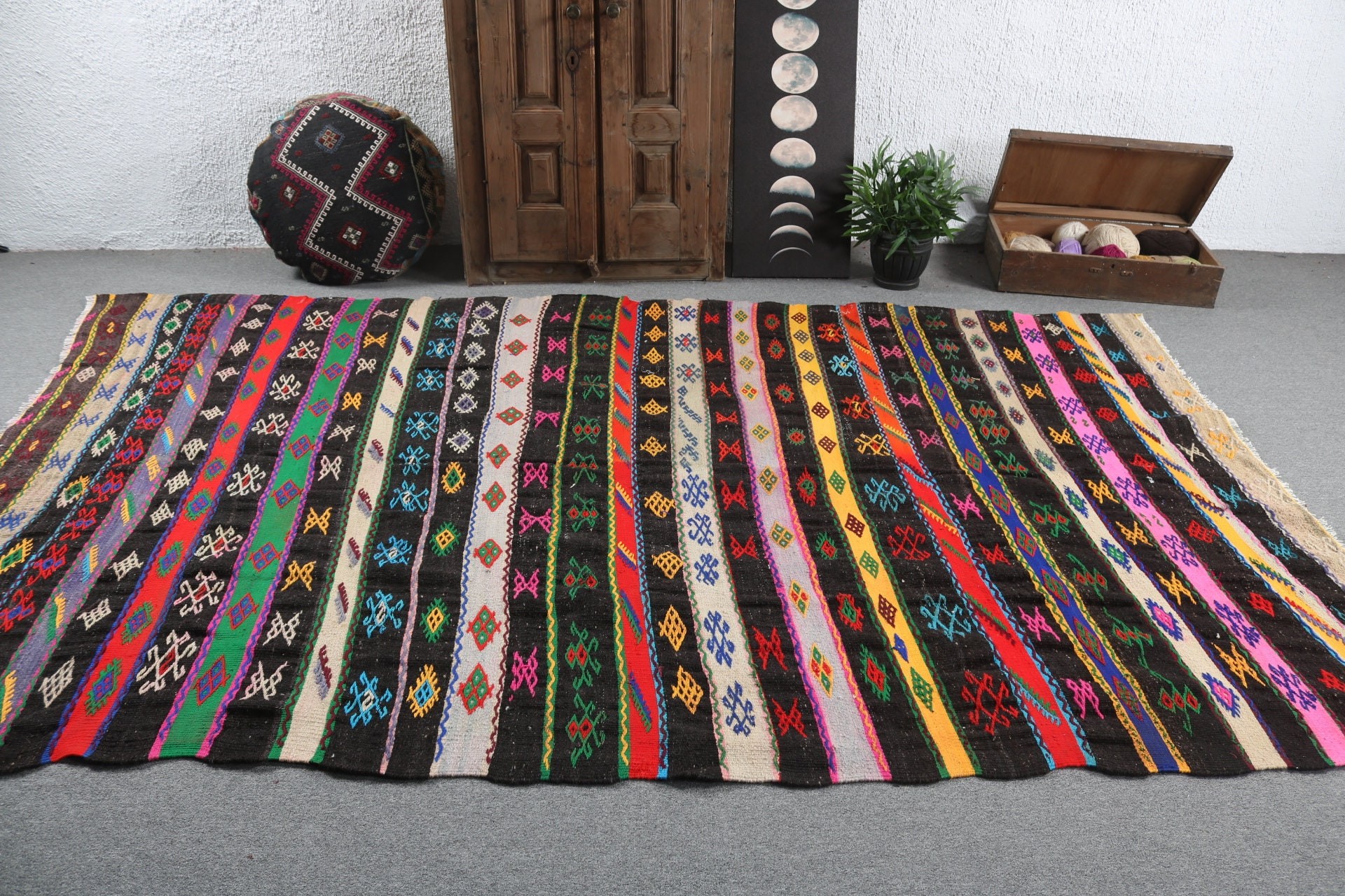 Yün Halılar, Kilim, Türk Halıları, Düz Dokuma Halı, Kahverengi Yer Halısı, El Yapımı Halı, Büyük Boy Türk Halıları, 10.7x6.9 ft Büyük Boy Halı, Vintage Halılar