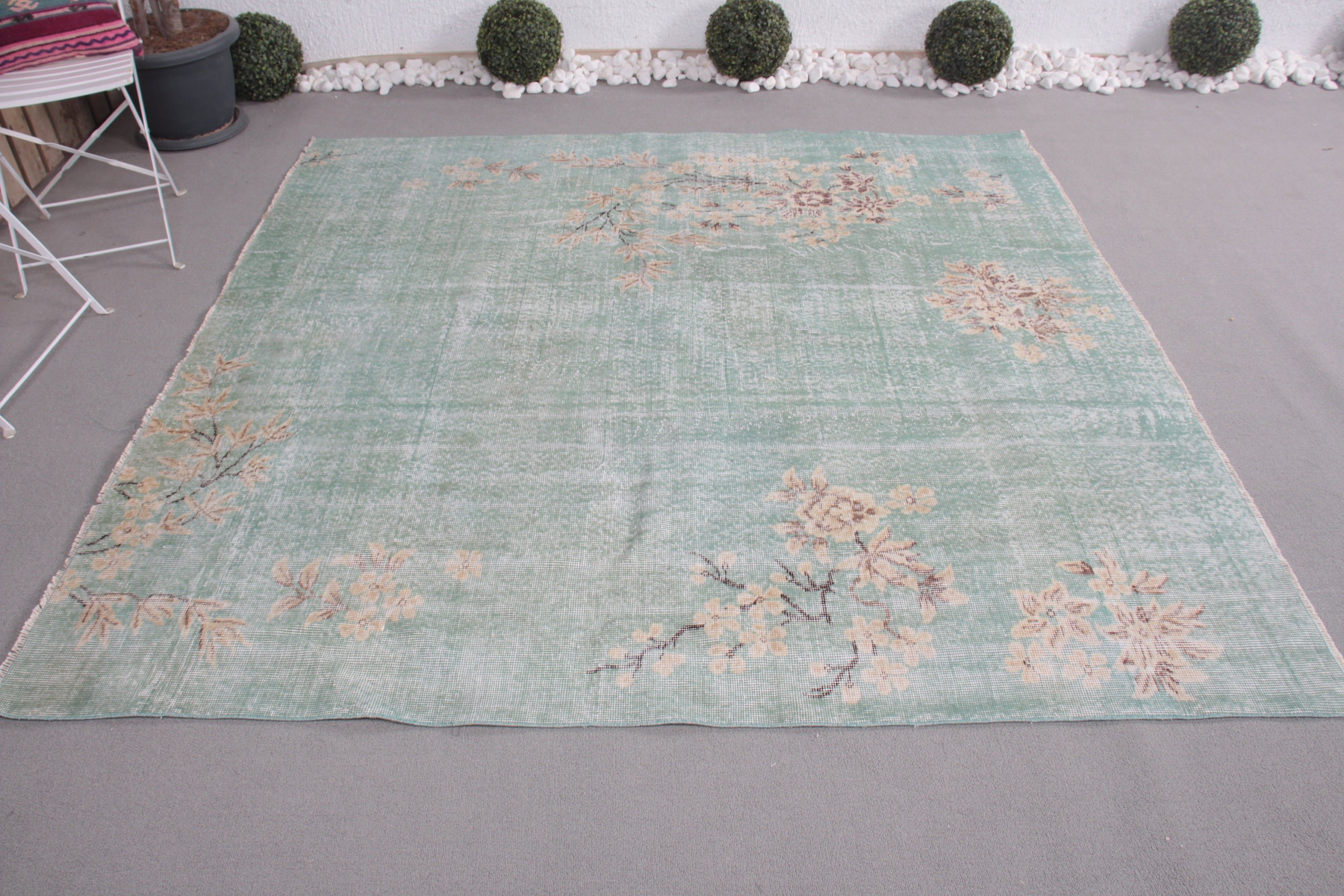 6.7x6.7 ft Large Rug, Turkish Rugs, Wool Rug, Salon Rugs, Dining Room Rugs, Green Bedroom Rugs, Vintage Rug, Rugs for Salon