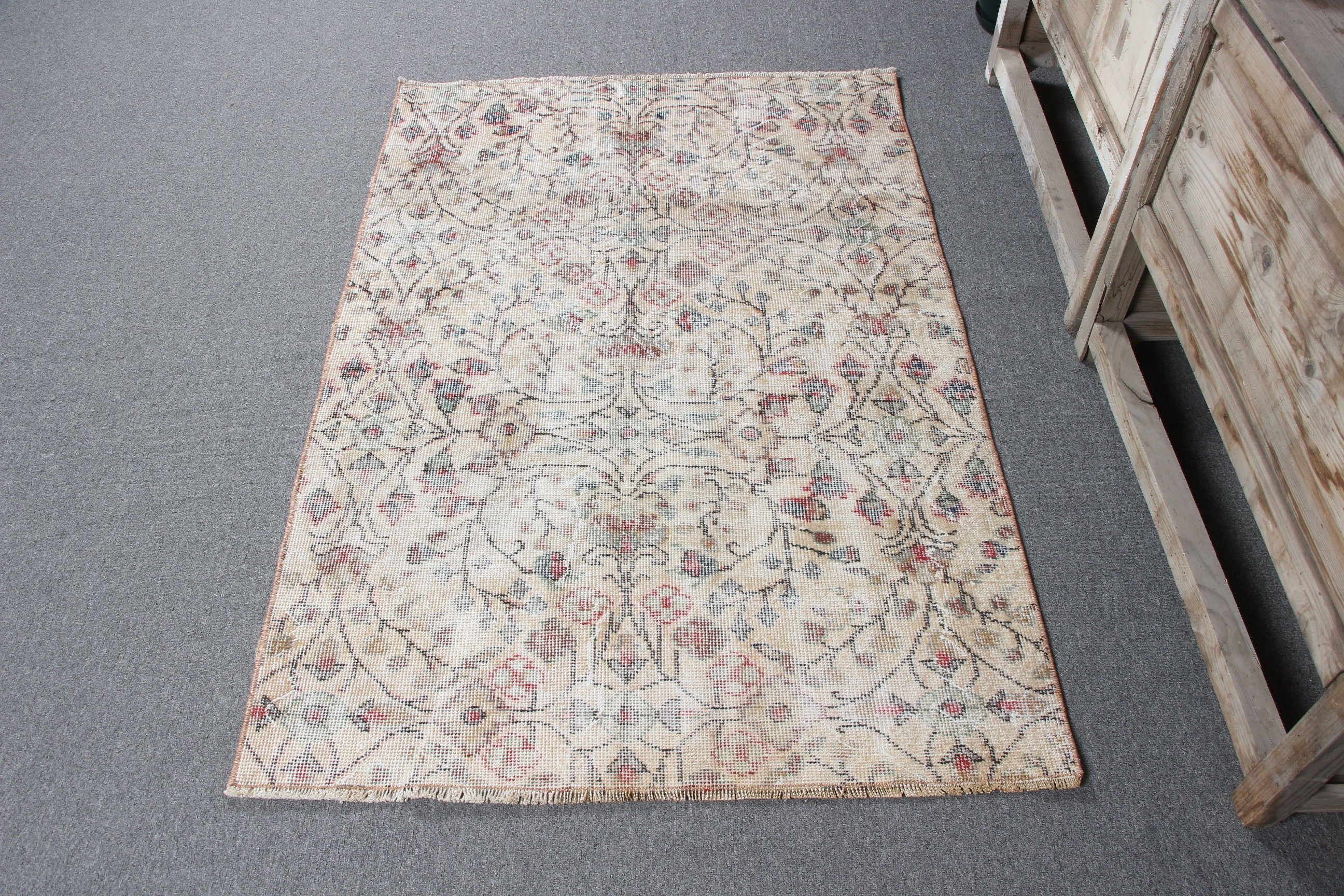 Geometrik Halılar, Vintage Halılar, 3,2x4,9 ft Aksan Halısı, Bej Oushak Halıları, Giriş Halıları, El Yapımı Halı, Oryantal Halı, Türk Halısı, Yatak Odası Halısı