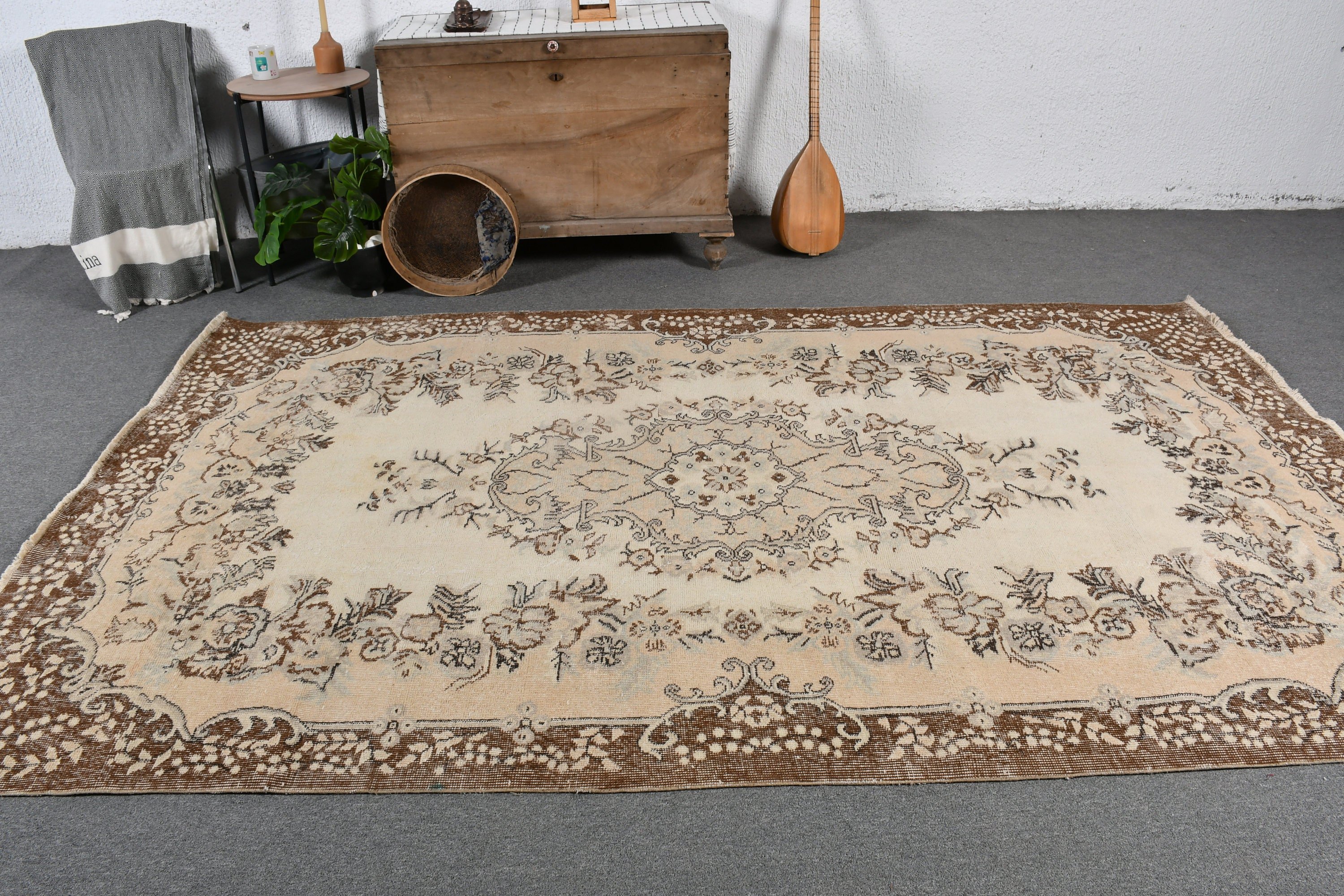 Bej Ev Dekor Halıları, Salon Halısı, 5.8x9.6 ft Büyük Halı, Göçebe Halıları, Türk Halısı, Oushak Halısı, Vintage Halı, Oturma Odası Halısı, Anadolu Halısı