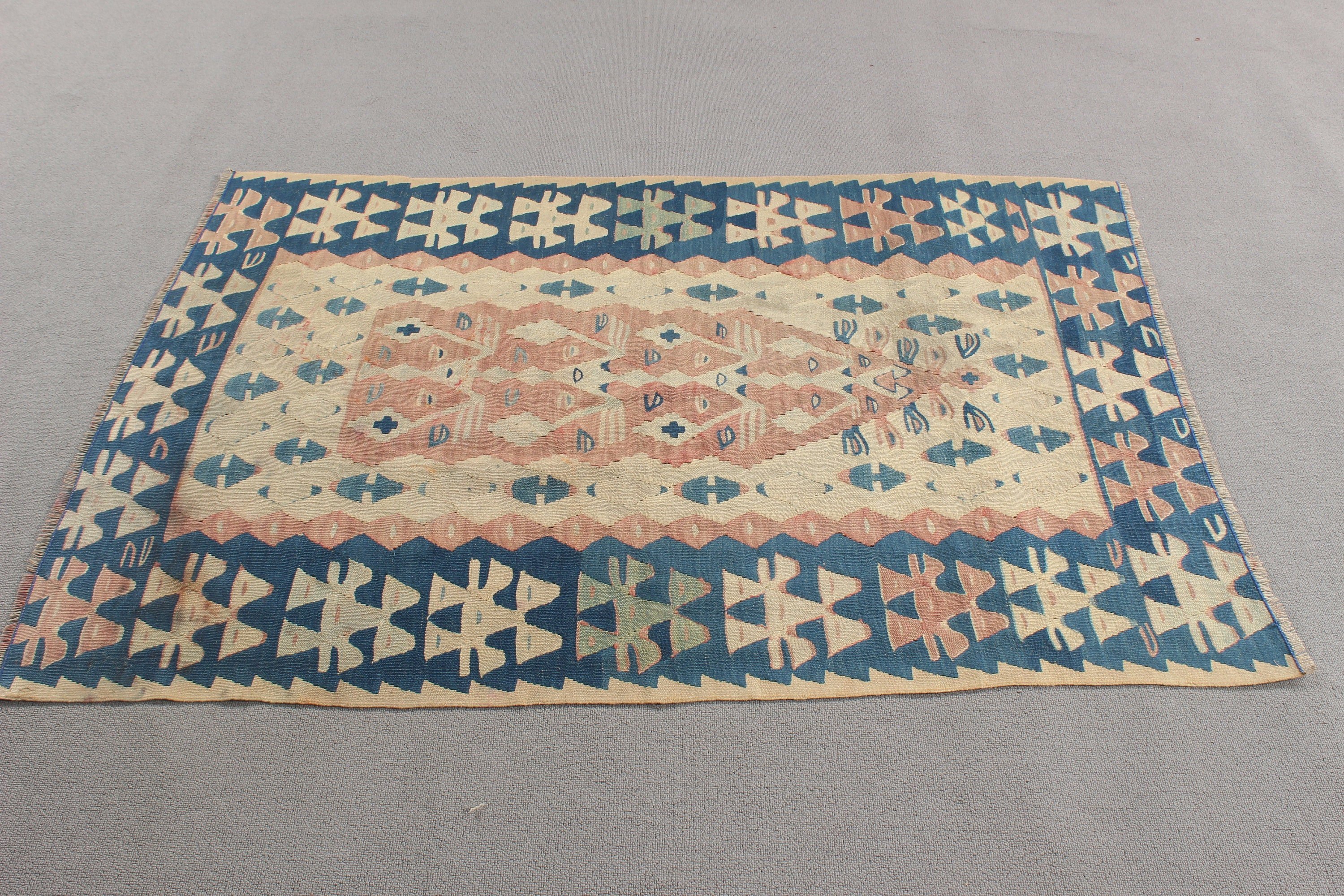 3.4x4.9 ft Aksan Halıları, Kilim, Çocuk Halıları, Anadolu Halısı, Boho Halısı, Türk Halısı, Bej Yün Halıları, Vintage Halı, Giriş Halıları