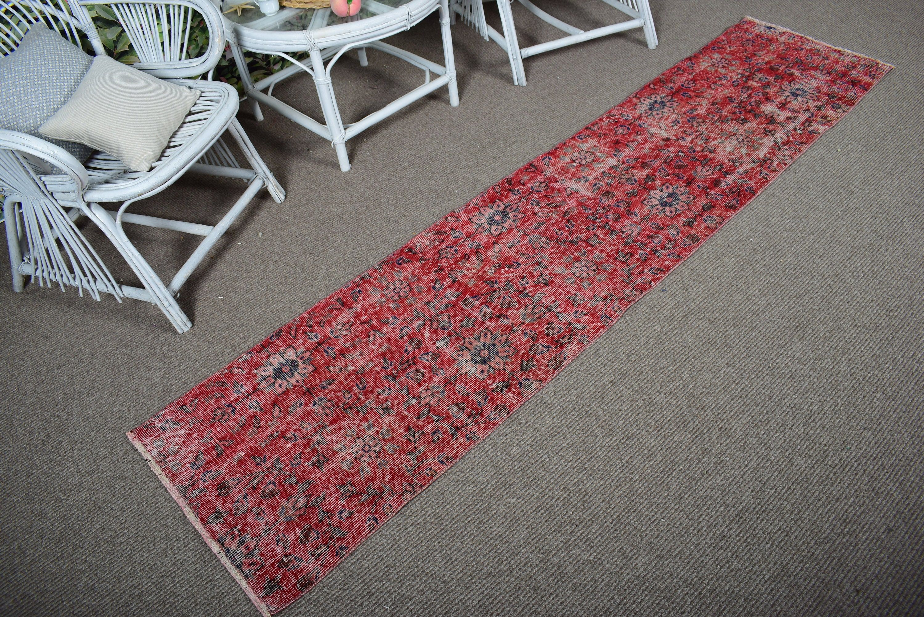 Long Runner Rug, Kitchen Rugs, Turkish Rugs, Luxury Rug, Vintage Rug, Artistic Rugs, Stair Rugs, 1.9x8.4 ft Runner Rugs, Red Neutral Rugs