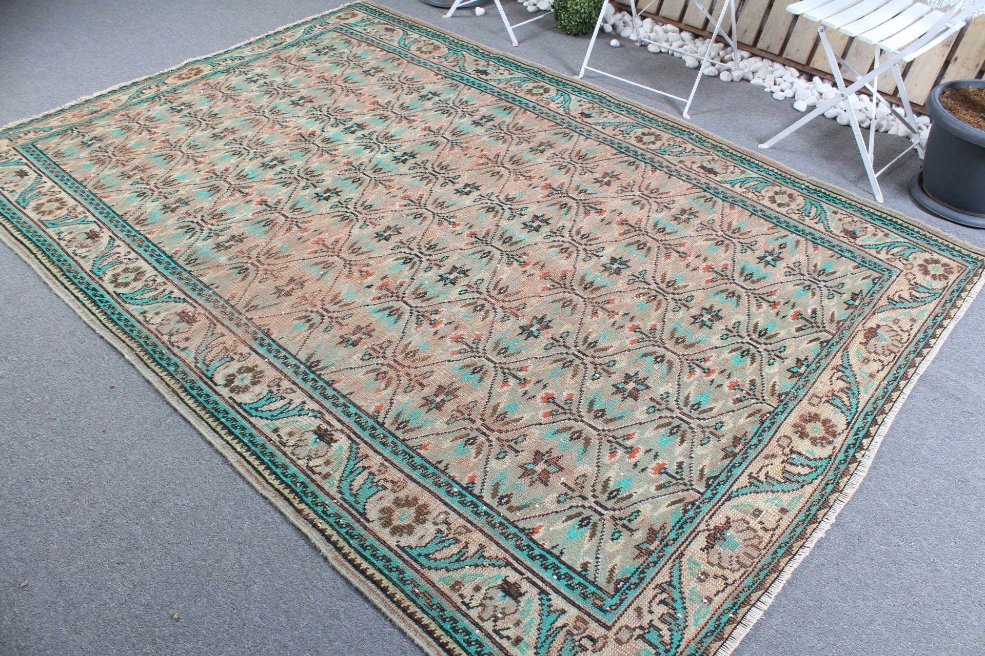 Yemek Odası Halıları, Türk Halıları, Oushak Halıları, Yeşil Oryantal Halı, Oturma Odası Halısı, 6.1x8.9 ft Büyük Halı, Vintage Halılar, Yatak Odası Halısı, Eski Halılar