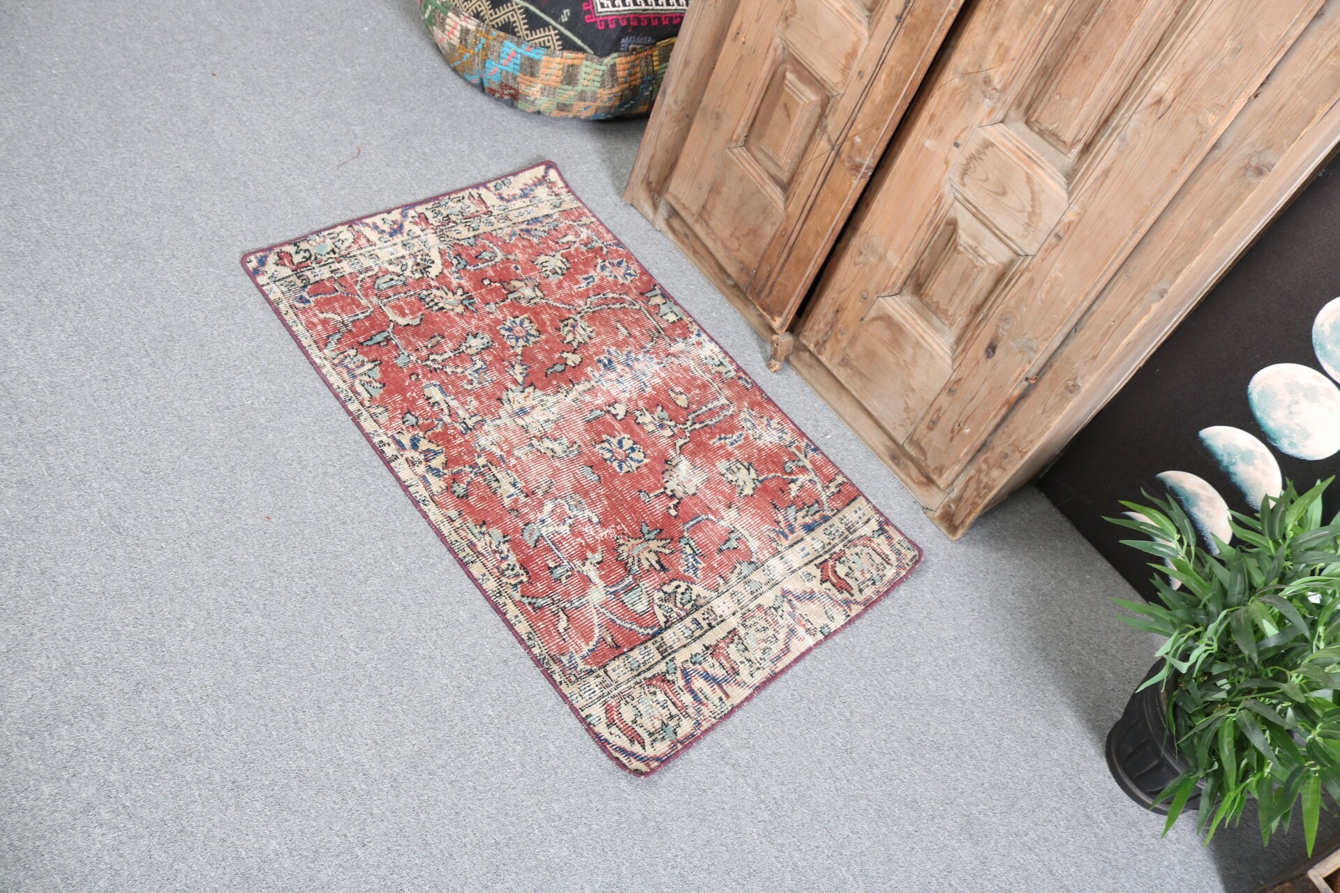 Türk Halıları, Kırmızı Ev Dekorasyonu Halısı, Küçük Boho Halıları, Küçük Alan Halıları, Vintage Halılar, 2x3.3 ft Küçük Halı, El Dokuma Halı