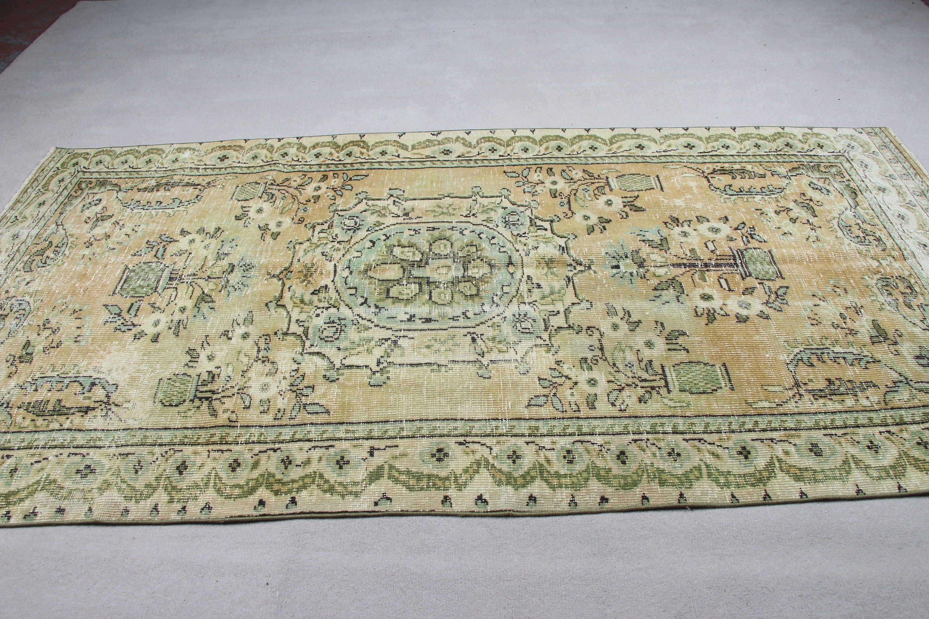 Yeşil Oushak Halıları, Oturma Odası Halısı, Türk Halısı, Vintage Halı, Yatak Odası Halısı, Yer Halıları, Oryantal Halı, Salon Halıları, 4,7x9,5 ft Büyük Halı