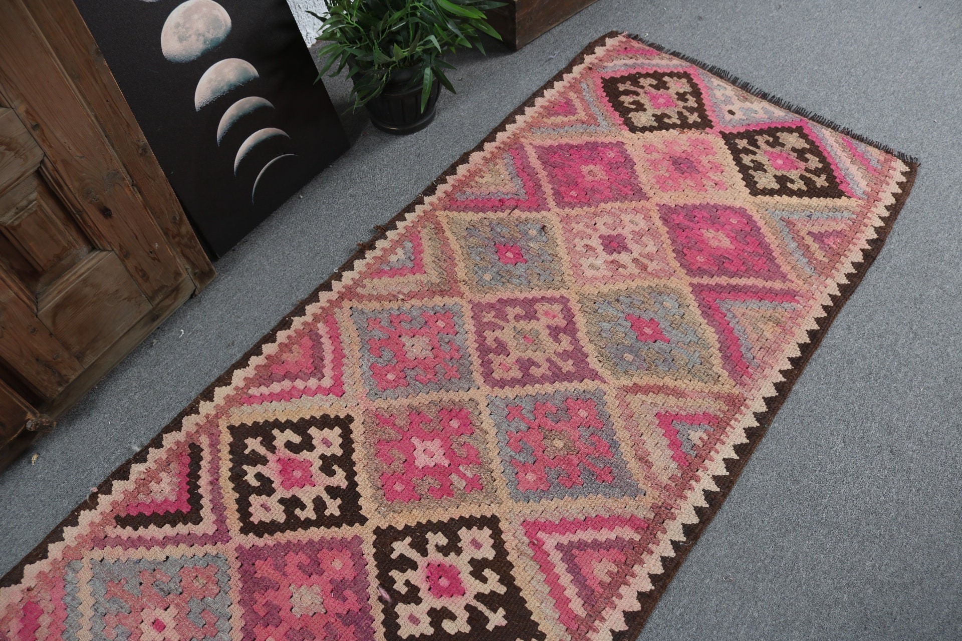 Geometrik Halı, 2.9x9 ft Runner Halı, Vintage Runner Halılar, Mutfak Halıları, Vintage Halılar, Pembe Havalı Halılar, Anadolu Halısı, Türk Halıları