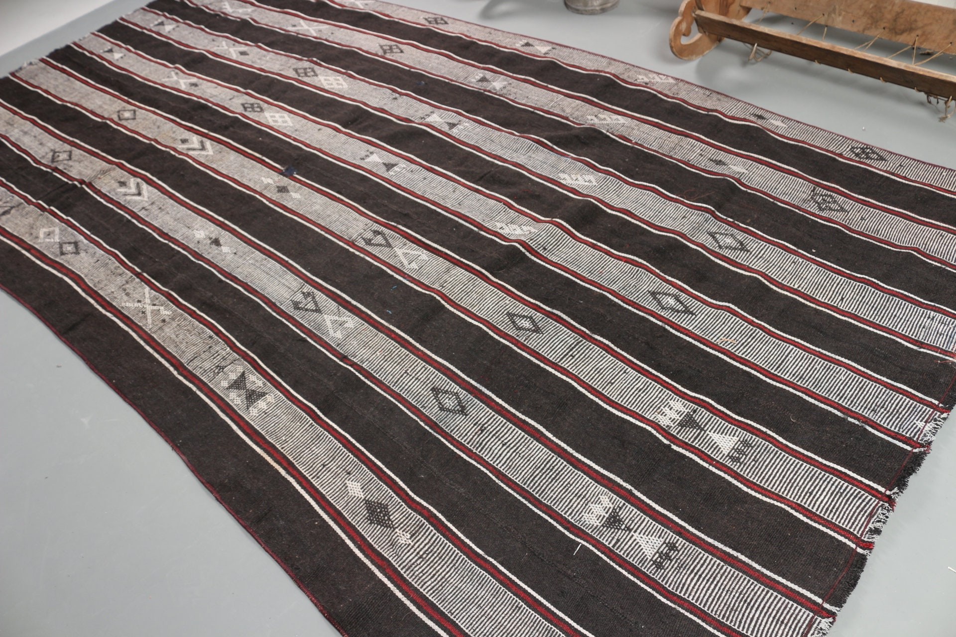 Salon Kilim, Anadolu Kilim, Siyah Zemin Kilim, 176x356 cm Salon Kilim, Oturma odası Kilim, Yemek odası Kilim, Nostaljik Kilim