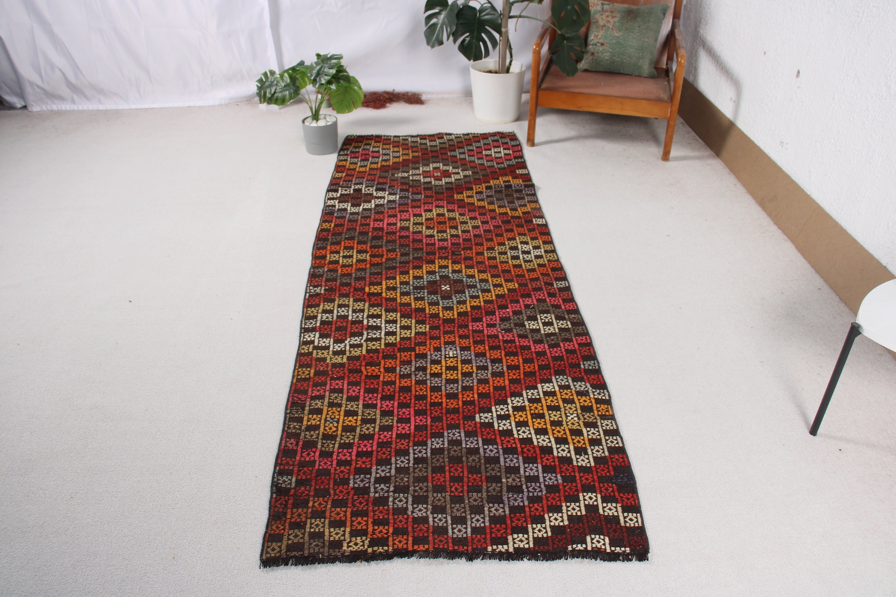 Nötr Halı, Koridor Halıları, Modern Halılar, 2,8x7,9 ft Yolluk Halıları, Türk Halıları, Vintage Halı, Kilim, Kahverengi Geometrik Halı, Mutfak Halısı