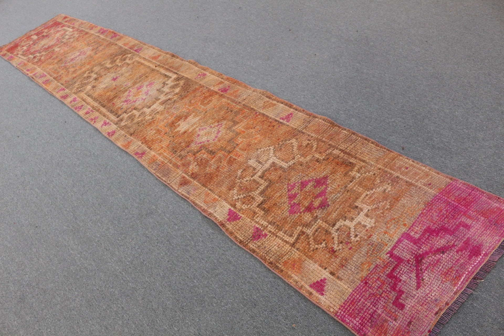 Vintage Rug, Floor Rug, 2.3x12.5 ft Runner Rugs, Stair Rug, Rugs for Kitchen, Orange Bedroom Rugs, Turkish Rug, Retro Rugs