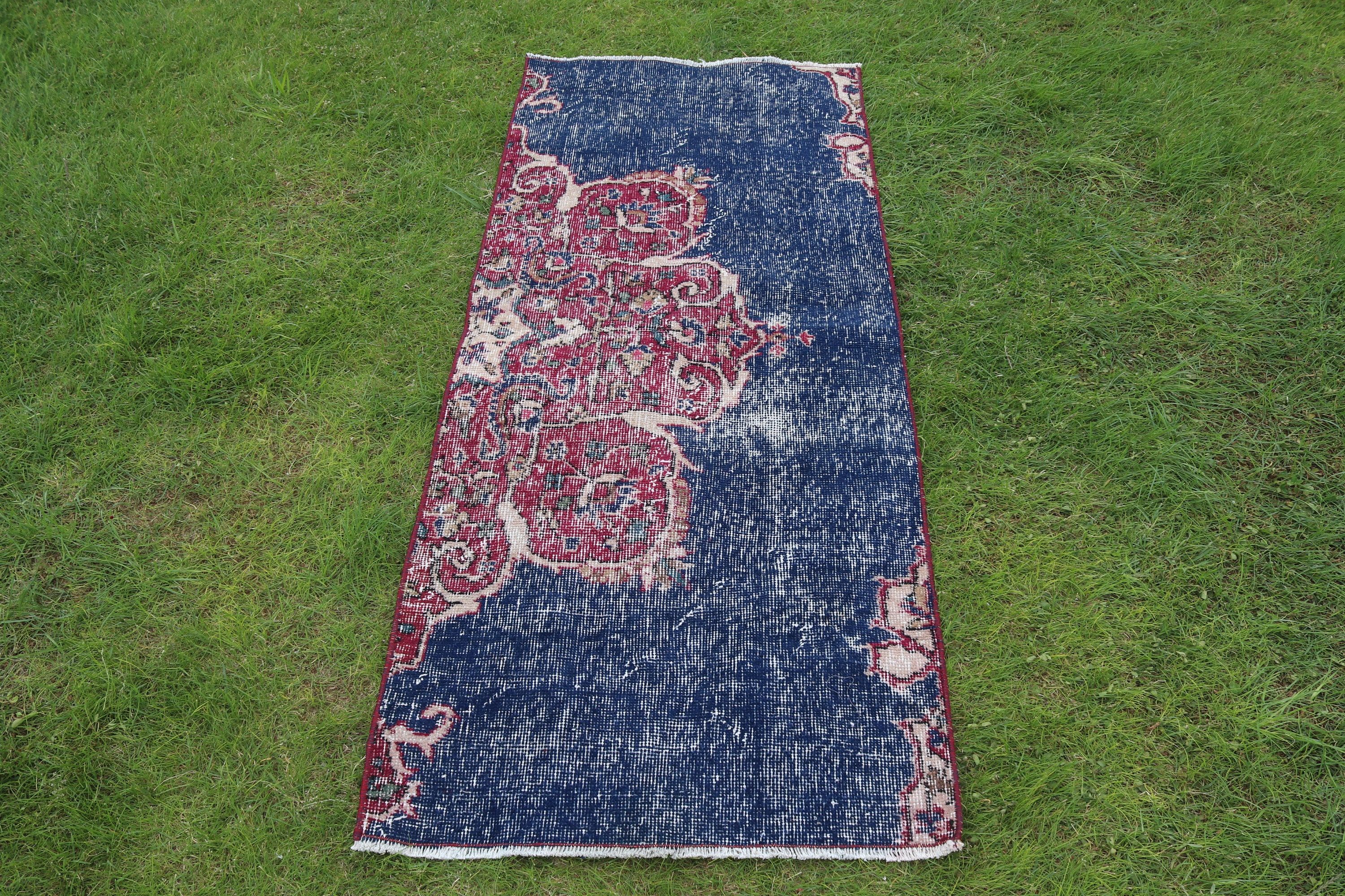 Blue Anatolian Rug, Car Mat Rug, Vintage Rugs, Bath Rugs, 2.2x5.2 ft Small Rug, Rugs for Car Mat, Turkish Rug, Oushak Rug, Luxury Rug