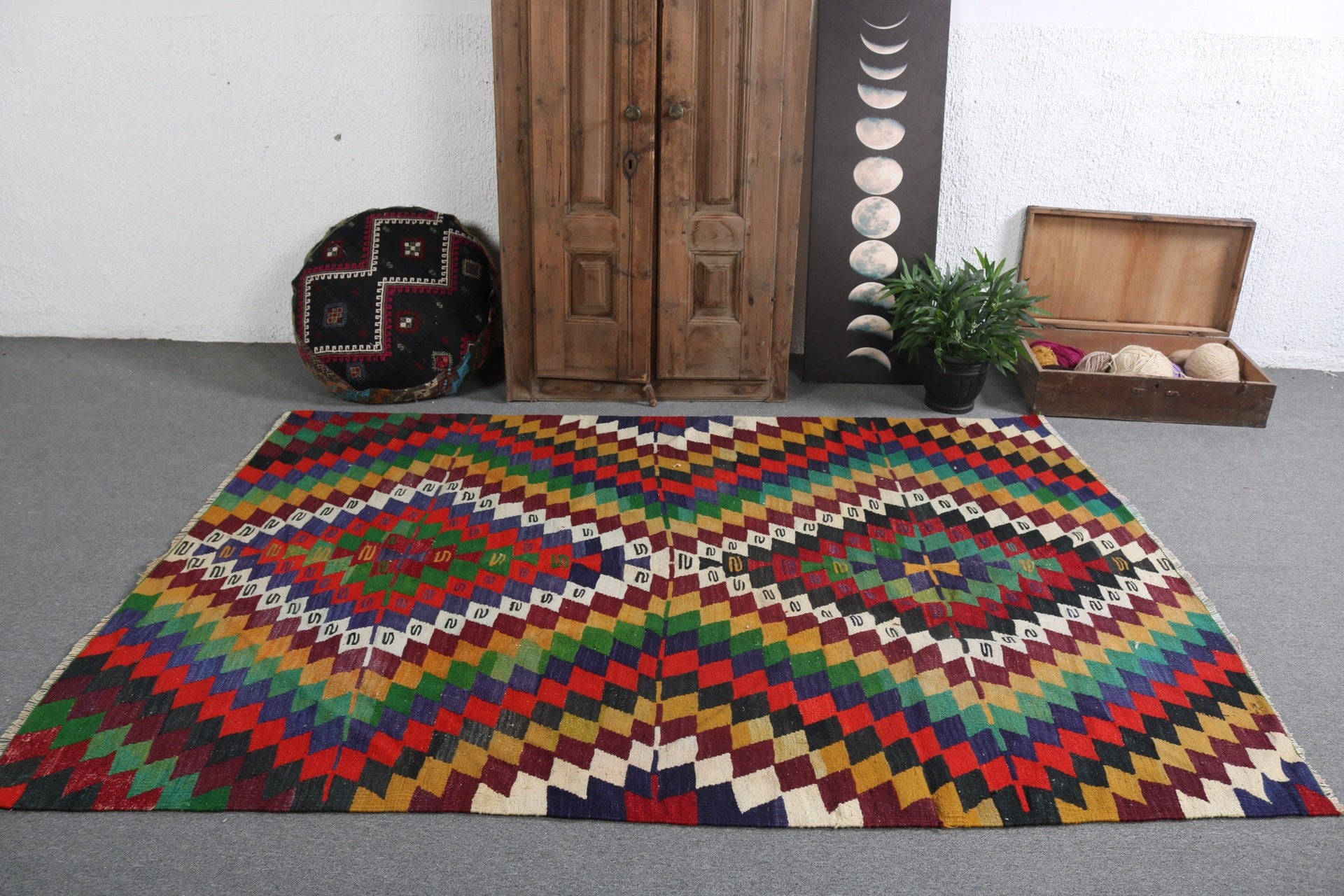 Gökkuşağı Oushak Halı, Büyük Oushak Halı, 5.4x7.9 ft Büyük Halılar, Vintage Halılar, Anadolu Halıları, Türk Halıları, El Yapımı Halı, Kilim