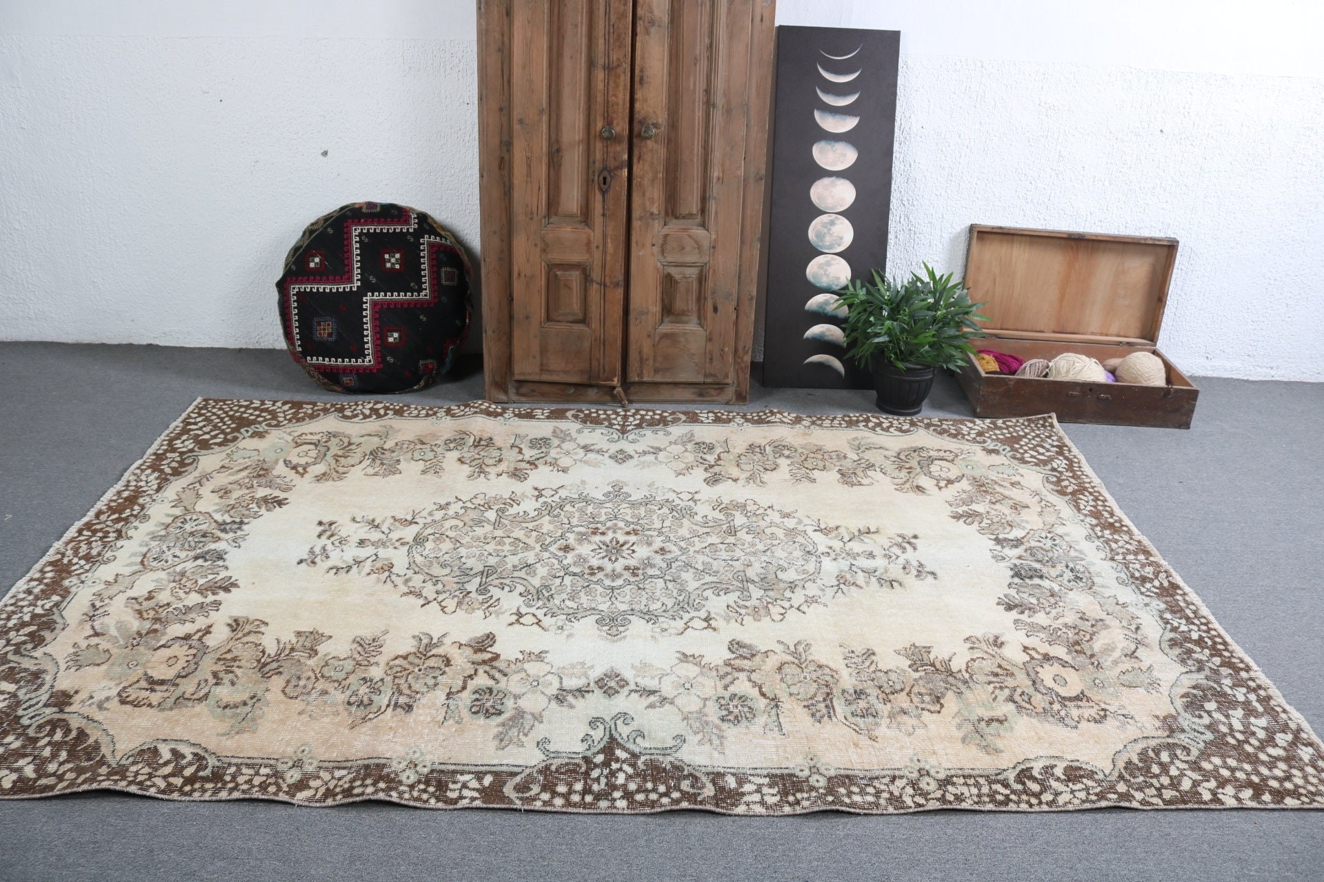 Yün Halılar, Salon Halıları, Nötr Halı, Vintage Halı, Büyük Boho Halı, 6x9,2 ft Büyük Halı, Bej Açıklama Halısı, Türk Halısı, Yemek Odası Halısı