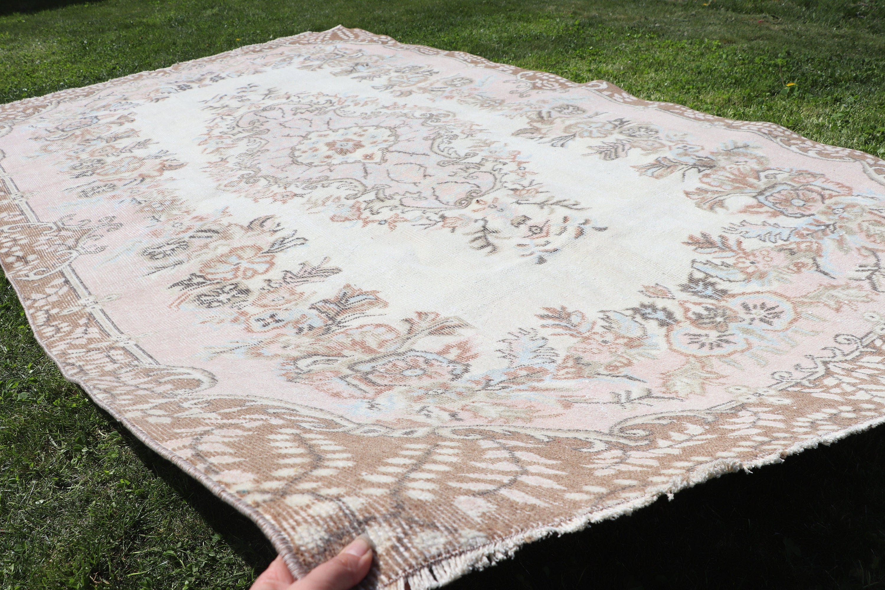 Vintage Halı, Bej Oryantal Halı, 5.7x7.5 ft Büyük Halı, Yemek Odası Halısı, Türk Halıları, Geometrik Halılar, Oturma Odası Halısı, Yer Halısı, Boho Halıları