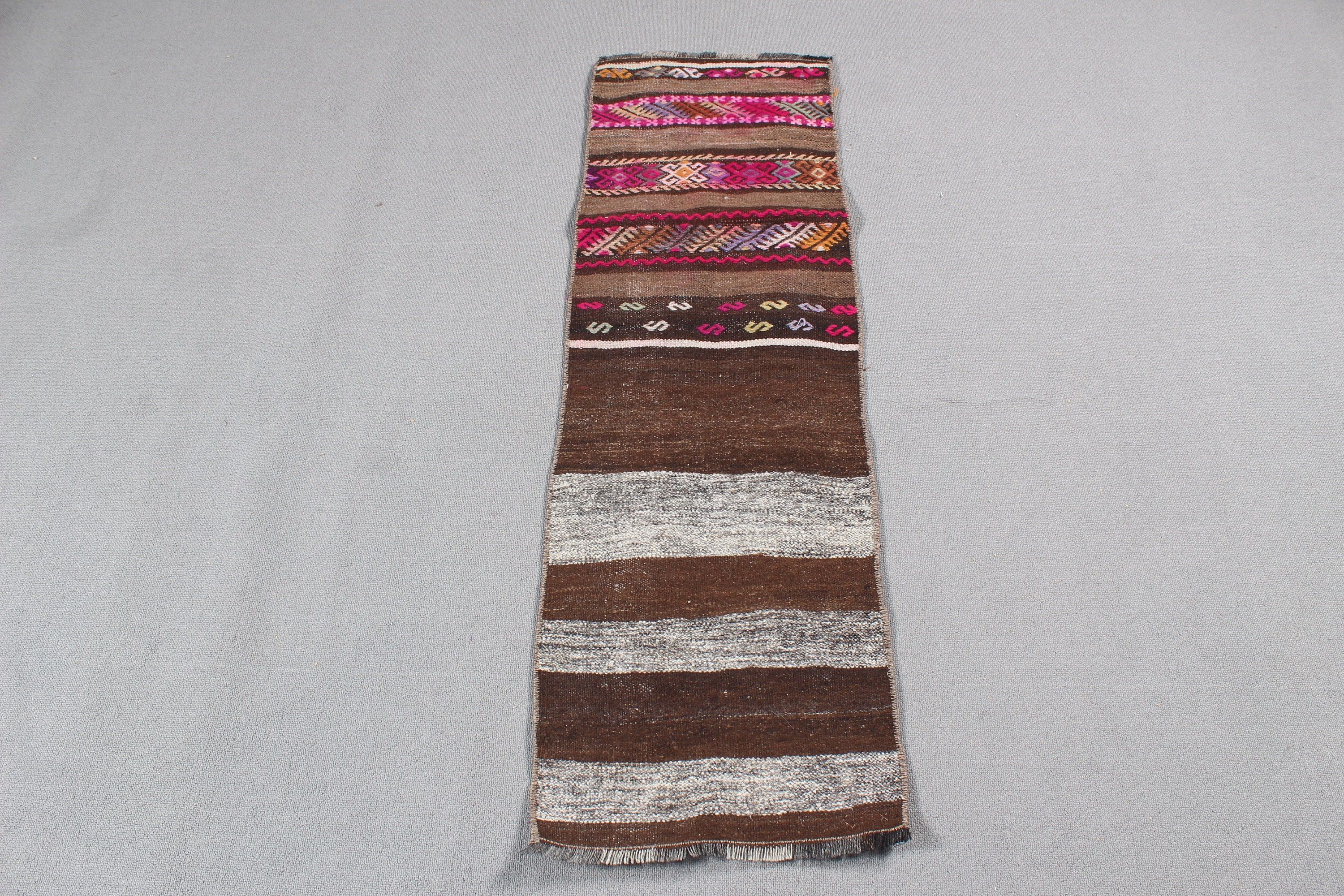 Antika Halı, 1.4x4.2 ft Küçük Halı, Vintage Halılar, Düz Dokuma Halı, Kahverengi Antika Halılar, Paspas Halısı, Kabile Halısı, Kilim, Türk Halısı, Banyo Halıları