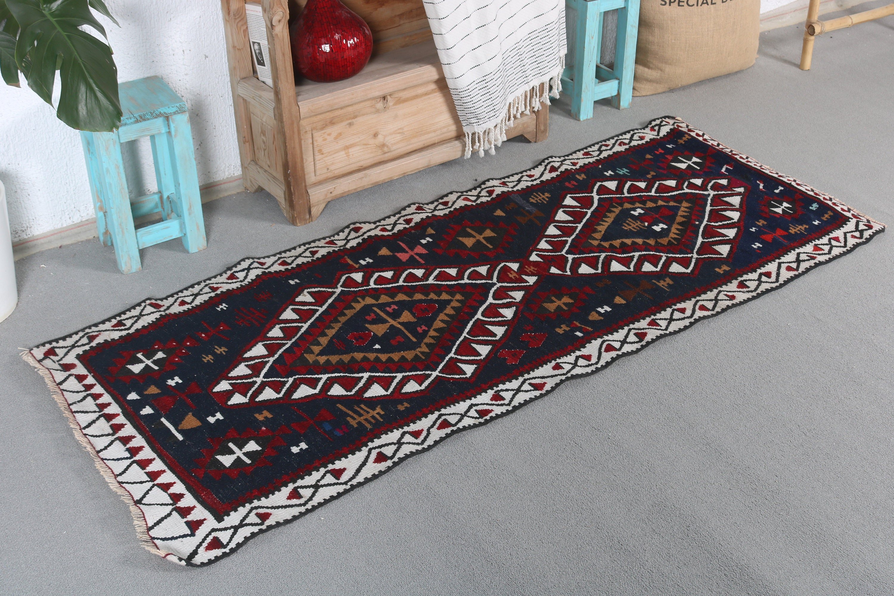 Entry Rug, Vintage Rug, Wool Rugs, Rugs for Entry, Turkish Rugs, Bedroom Rug, Kilim, 2.5x6.1 ft Accent Rug, Blue Antique Rug