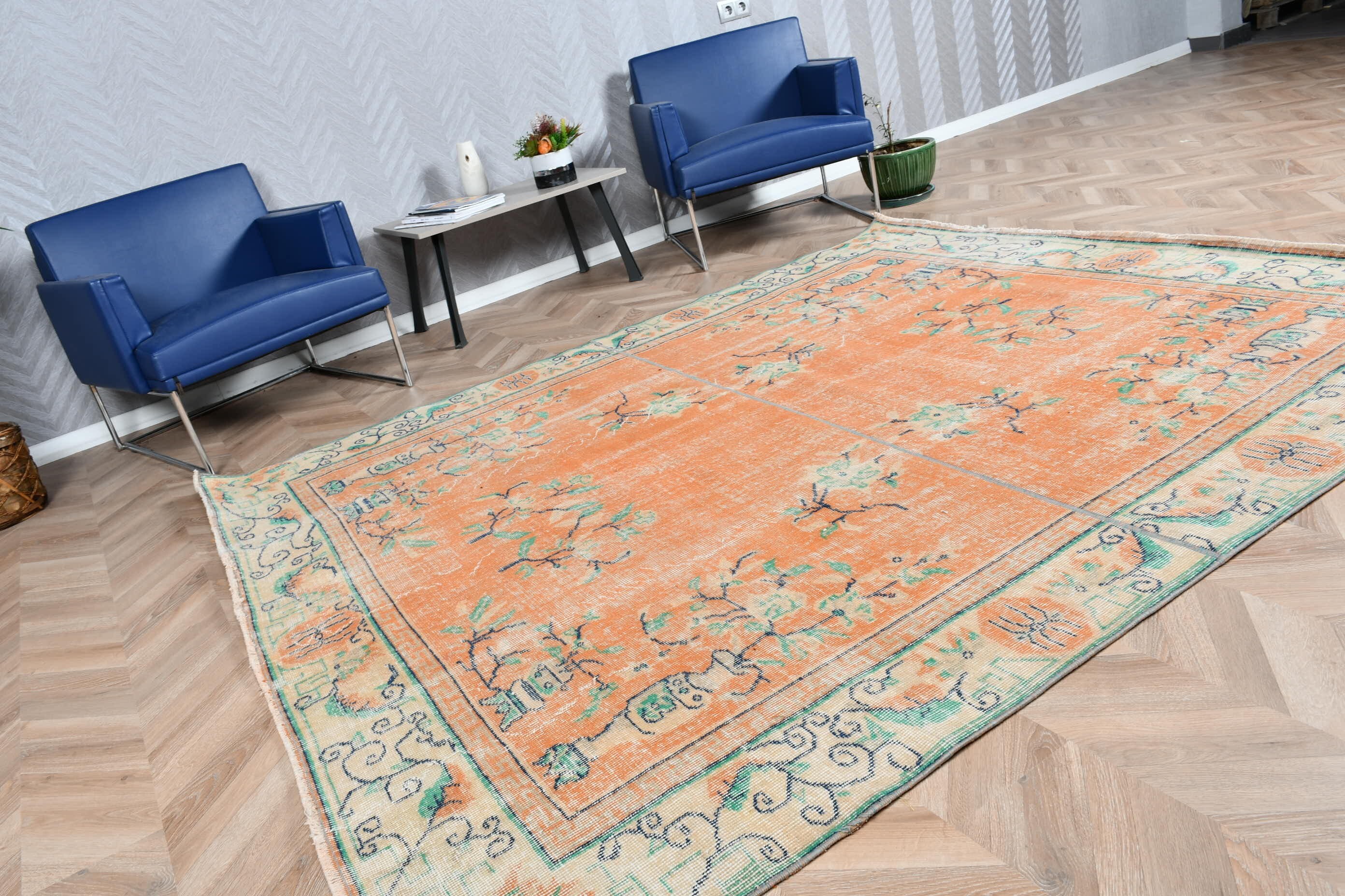 Bedroom Rugs, Orange Kitchen Rug, Salon Rug, 6.9x8.1 ft Large Rug, Moroccan Rug, Turkish Rug, Designer Rug, Vintage Rug, Kitchen Rugs