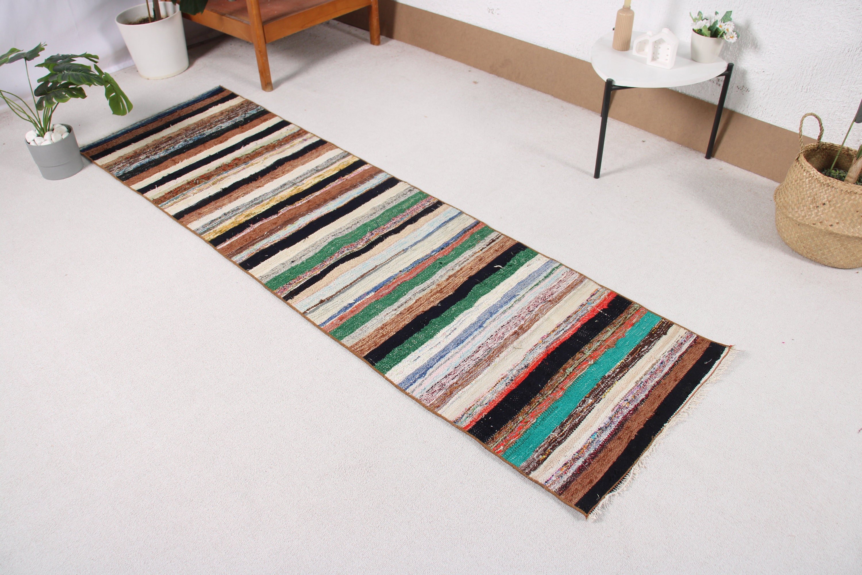 Kilim, 2.1x7.6 ft Yolluk Halı, Yeşil Mutfak Halısı, Ofis Halısı, Vintage Halı, Geometrik Halı, Türk Halısı, Uzun Yolluk Halıları, El Dokuma Halı