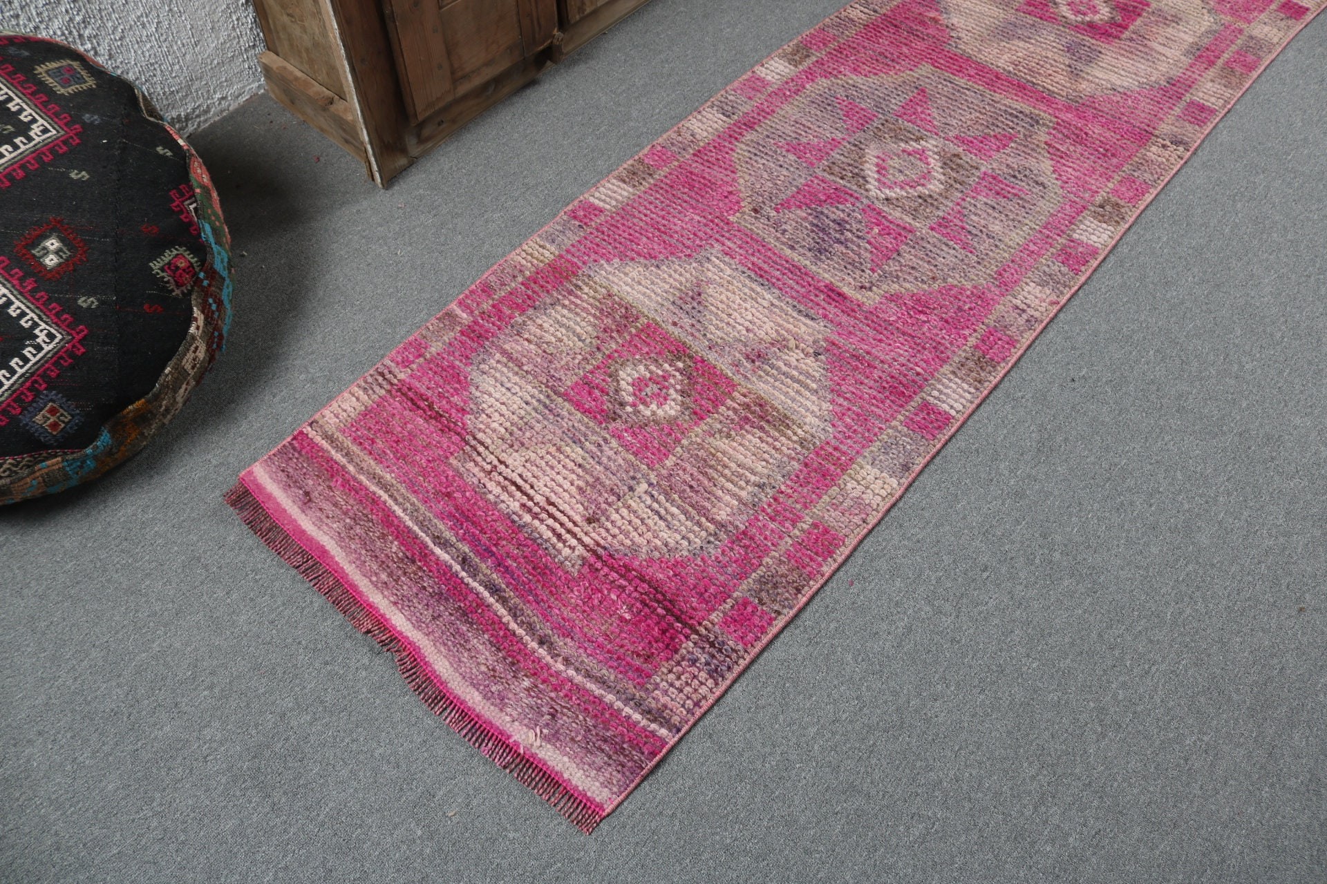 Pink Statement Rug, Vintage Rugs, Turkish Rugs, Turkey Rugs, Beni Ourain Runner Rugs, Wool Rug, 2.4x9.8 ft Runner Rugs, Flatweave Rugs