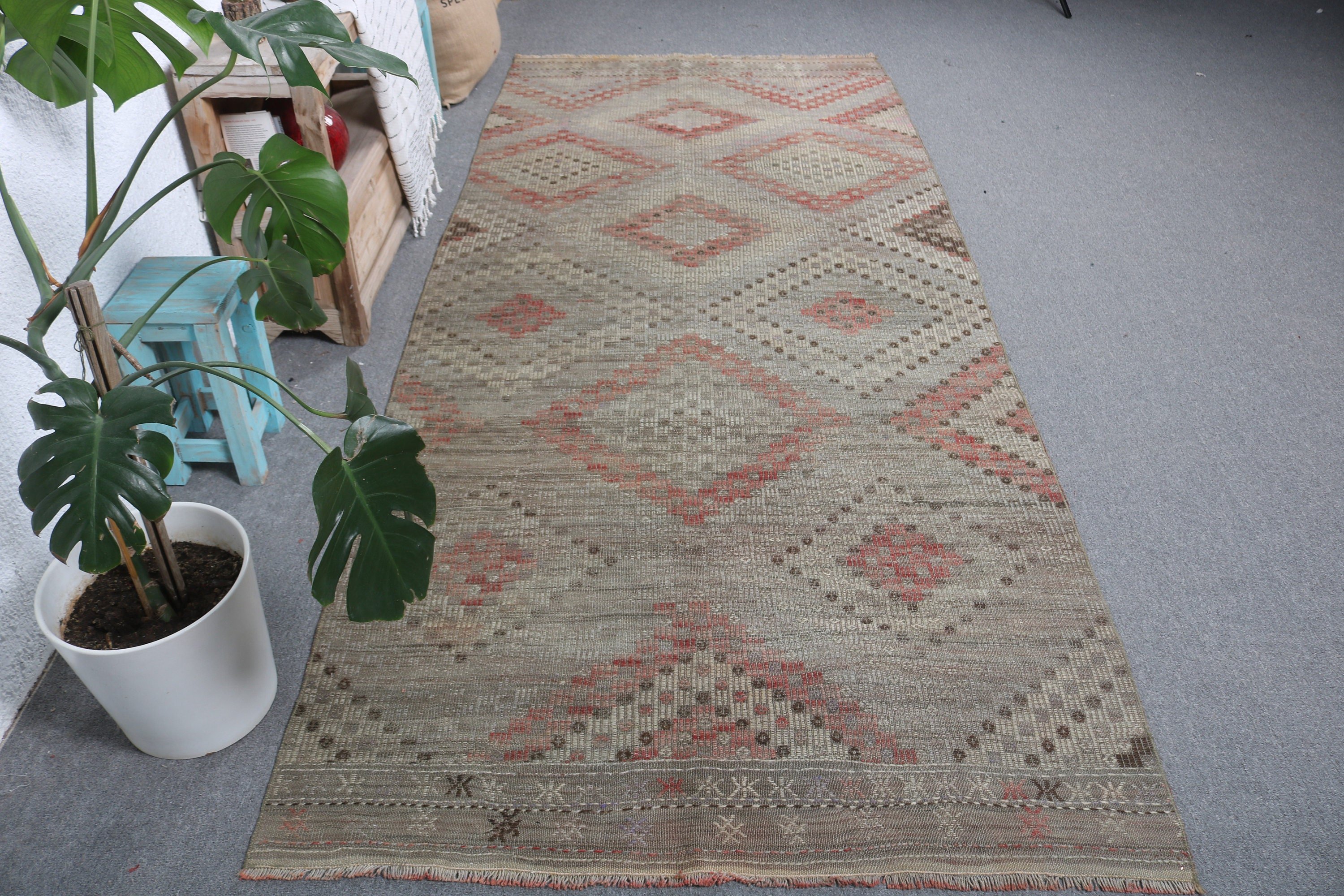 Mutfak Halıları, 4.1x9.7 ft Alan Halıları, Kilim, Vintage Halılar, Oturma Odası Halıları, Yer Halıları, Yeşil El Dokuma Halı, Oushak Halı, Türk Halısı