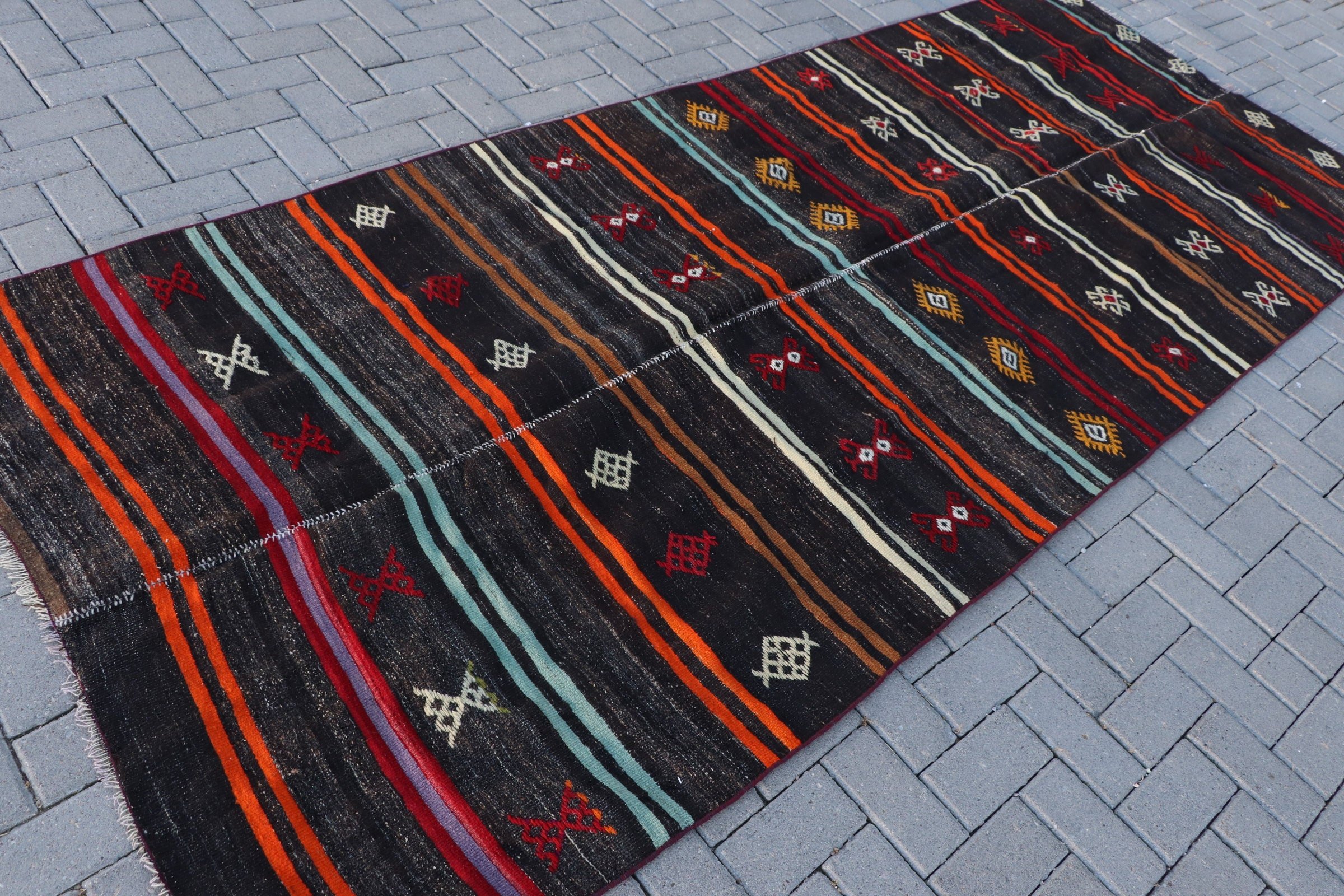 Vintage Rug, Oushak Rug, 4.4x10.5 ft Large Rug, Turkish Rug, Rugs for Salon, Bedroom Rug, Custom Rug, Salon Rug, Black Cool Rug, Kilim