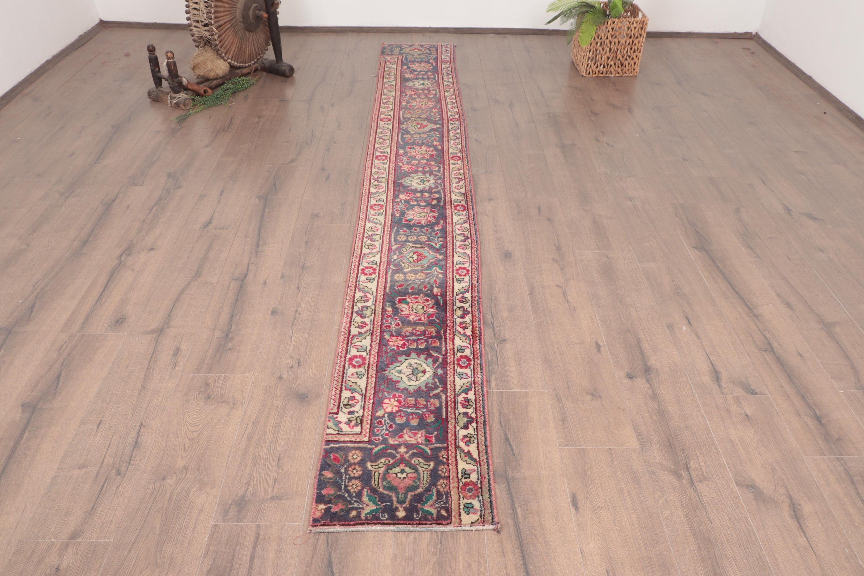 Vintage Halı, Koridor Halıları, Türk Halısı, Mutfak Halısı, Oushak Halısı, Antika Halı, Koridor Halısı, 1.3x10.5 ft Runner Halısı, Mavi Geometrik Halılar