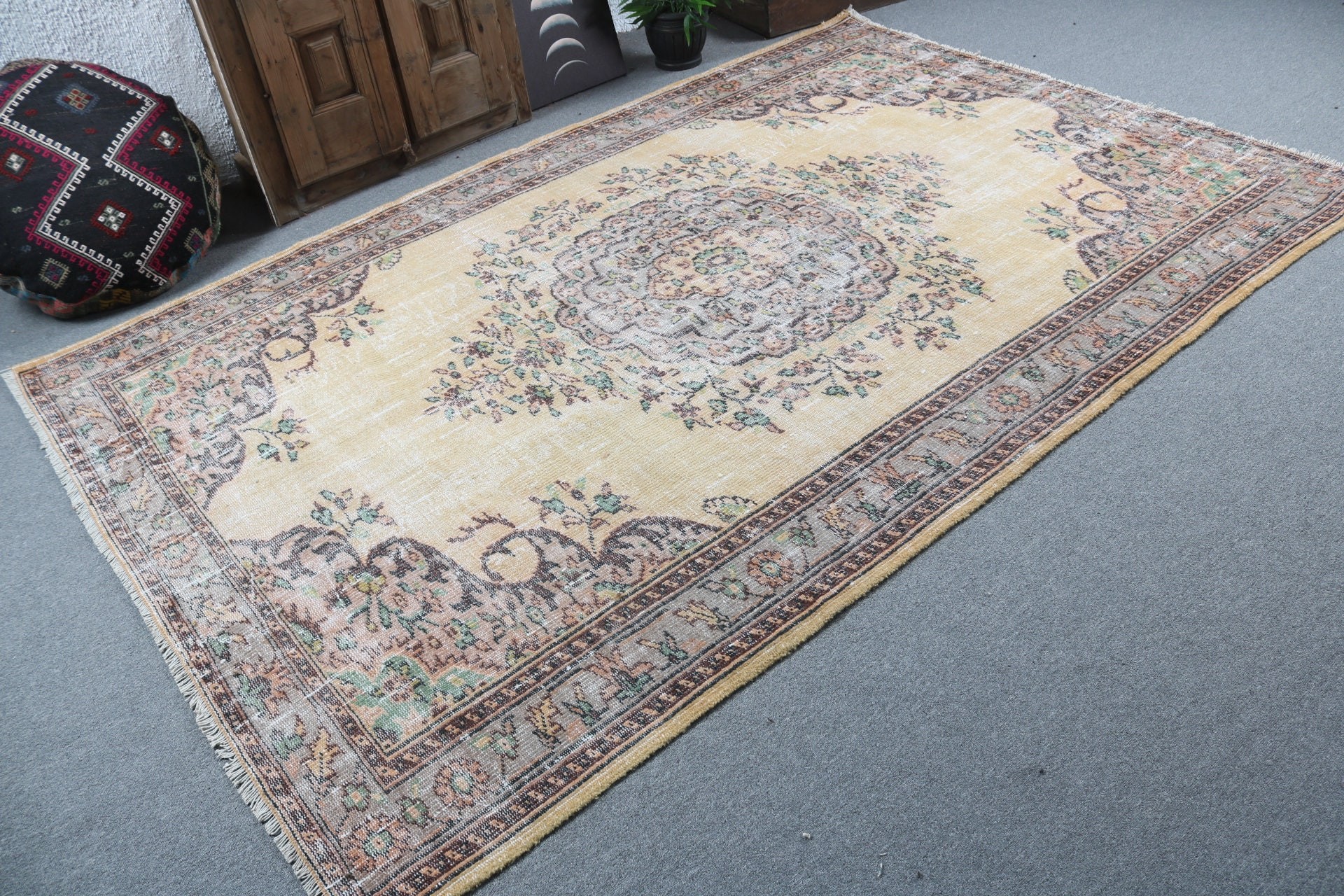 Türk Halısı, Vintage Halı, Boho Halıları, Ev Dekorasyonu Halıları, Büyük Vintage Halılar, Sarı Oryantal Halılar, Salon Halıları, 6.2x9.3 ft Büyük Halılar