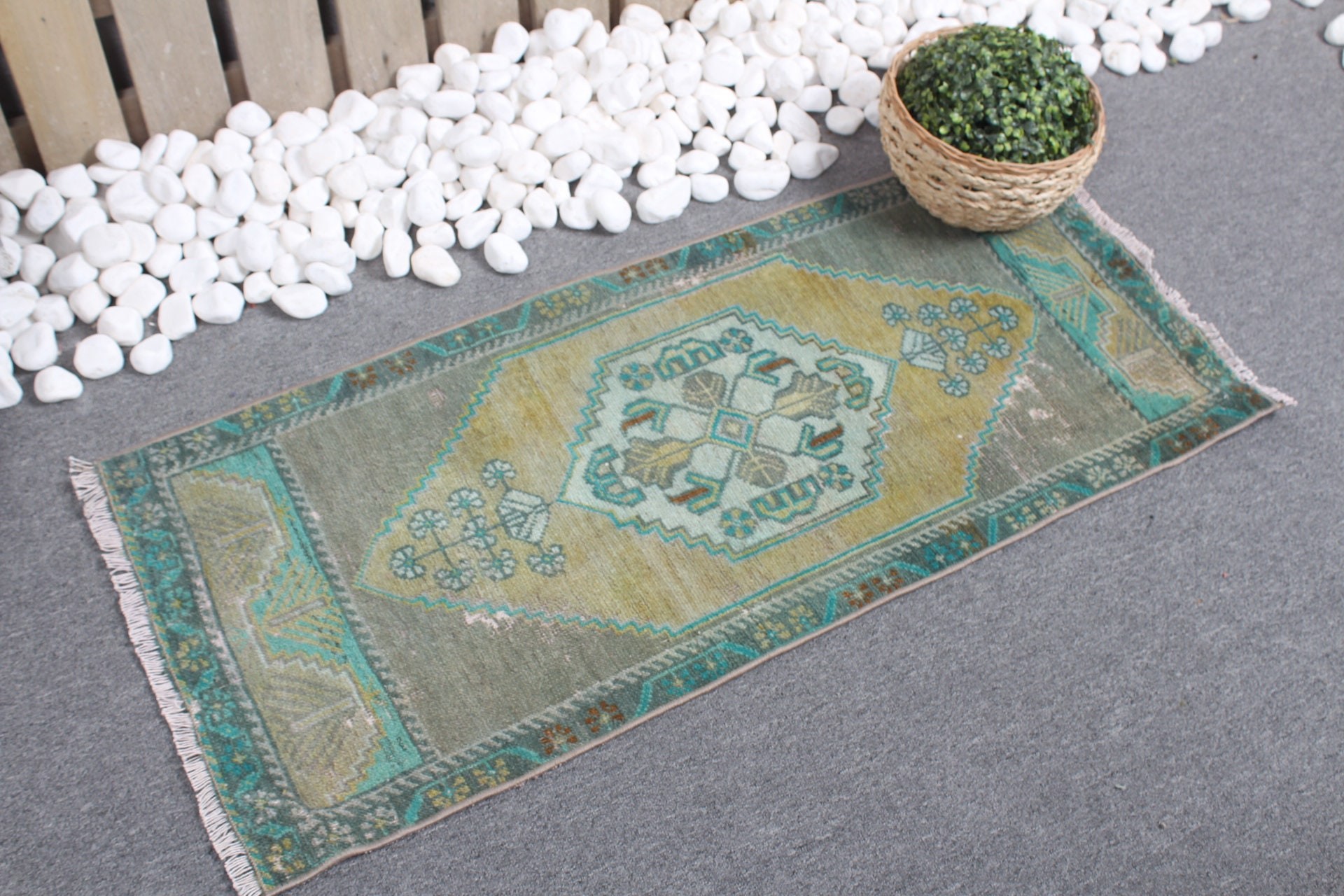 Turkish Rug, Car Mat Rug, Bath Rugs, Home Decor Rug, Green Antique Rugs, Vintage Rugs, 1.5x3.6 ft Small Rug, Floor Rug, Rugs for Car Mat