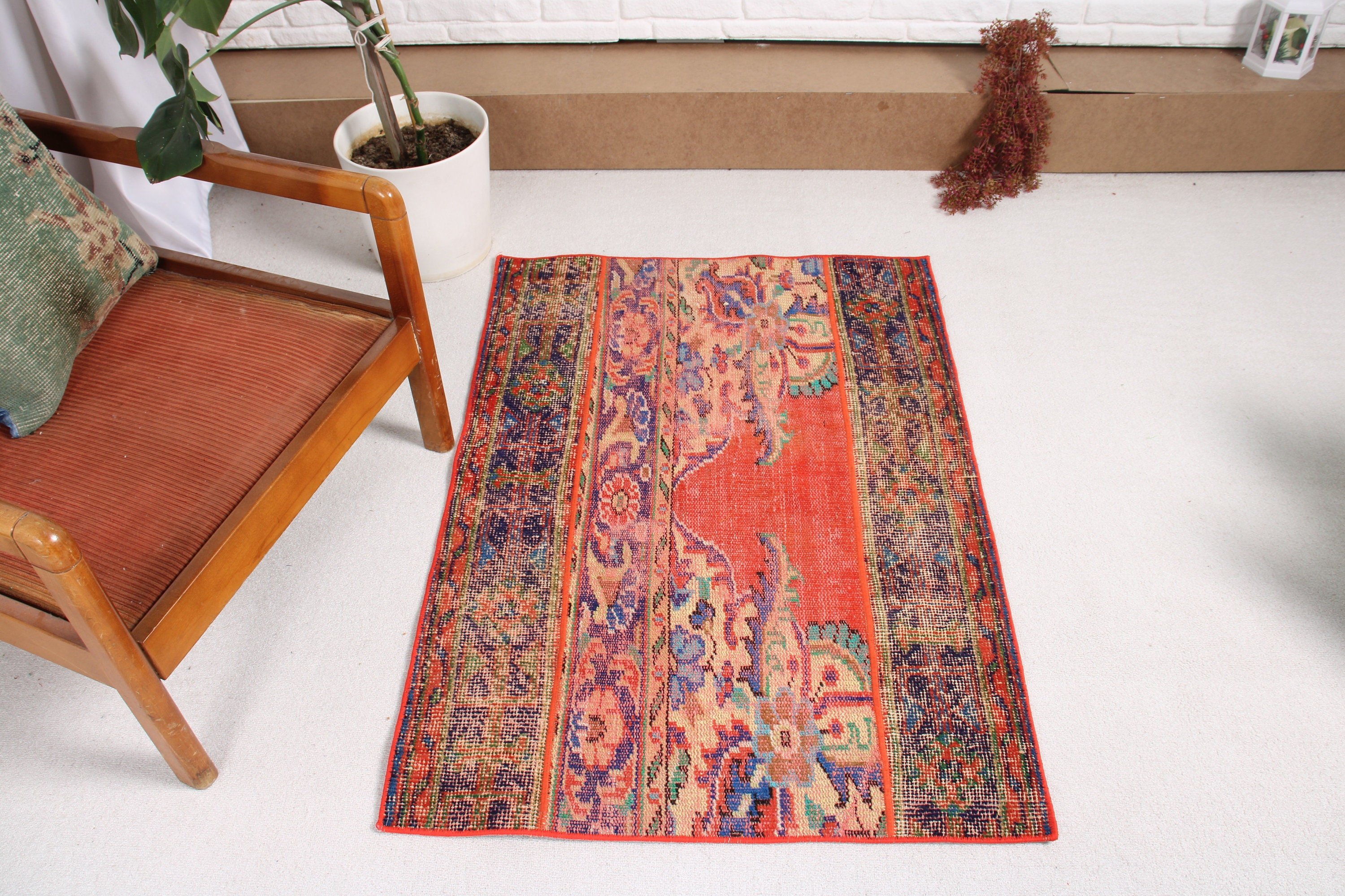 Red Wool Rugs, Nursery Rug, 2.7x3.8 ft Small Rug, Kitchen Rugs, Bathroom Rug, Turkish Rug, Rugs for Bath, Oushak Rugs, Vintage Rugs