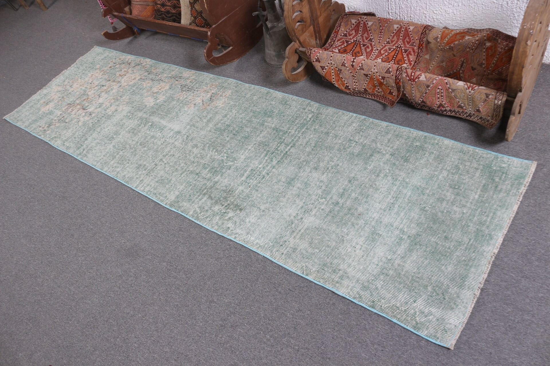 Antique Rug, Stair Rug, Green Oriental Rug, Turkish Rug, Vintage Rugs, Hallway Rugs, Home Decor Rugs, Art Rug, 2.5x8.7 ft Runner Rug