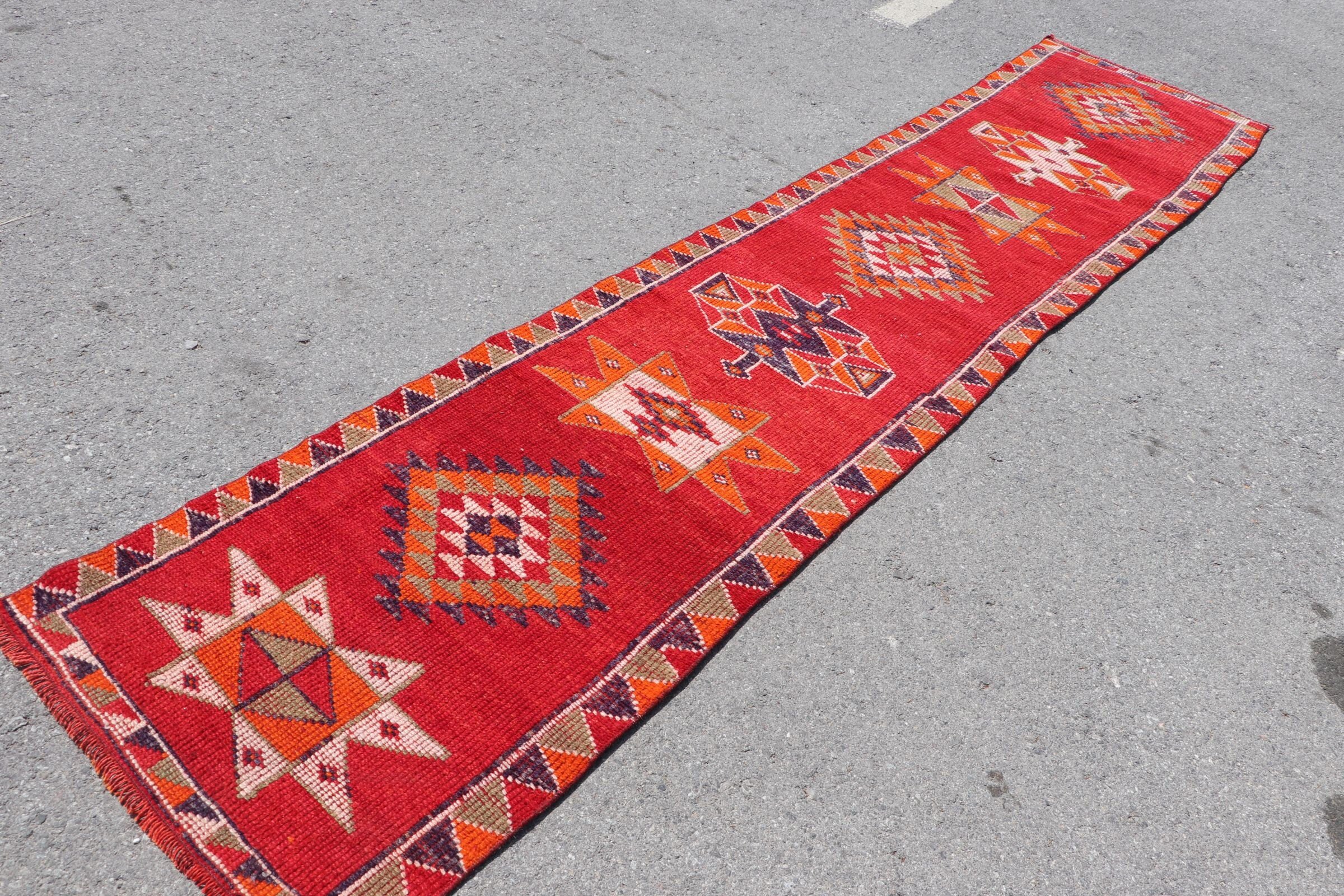 2.4x11.4 ft Runner Rug, Red Oushak Rugs, Turkish Rug, Bedroom Rug, Nomadic Rugs, Wool Rugs, Corridor Rug, Vintage Rugs, Rugs for Runner