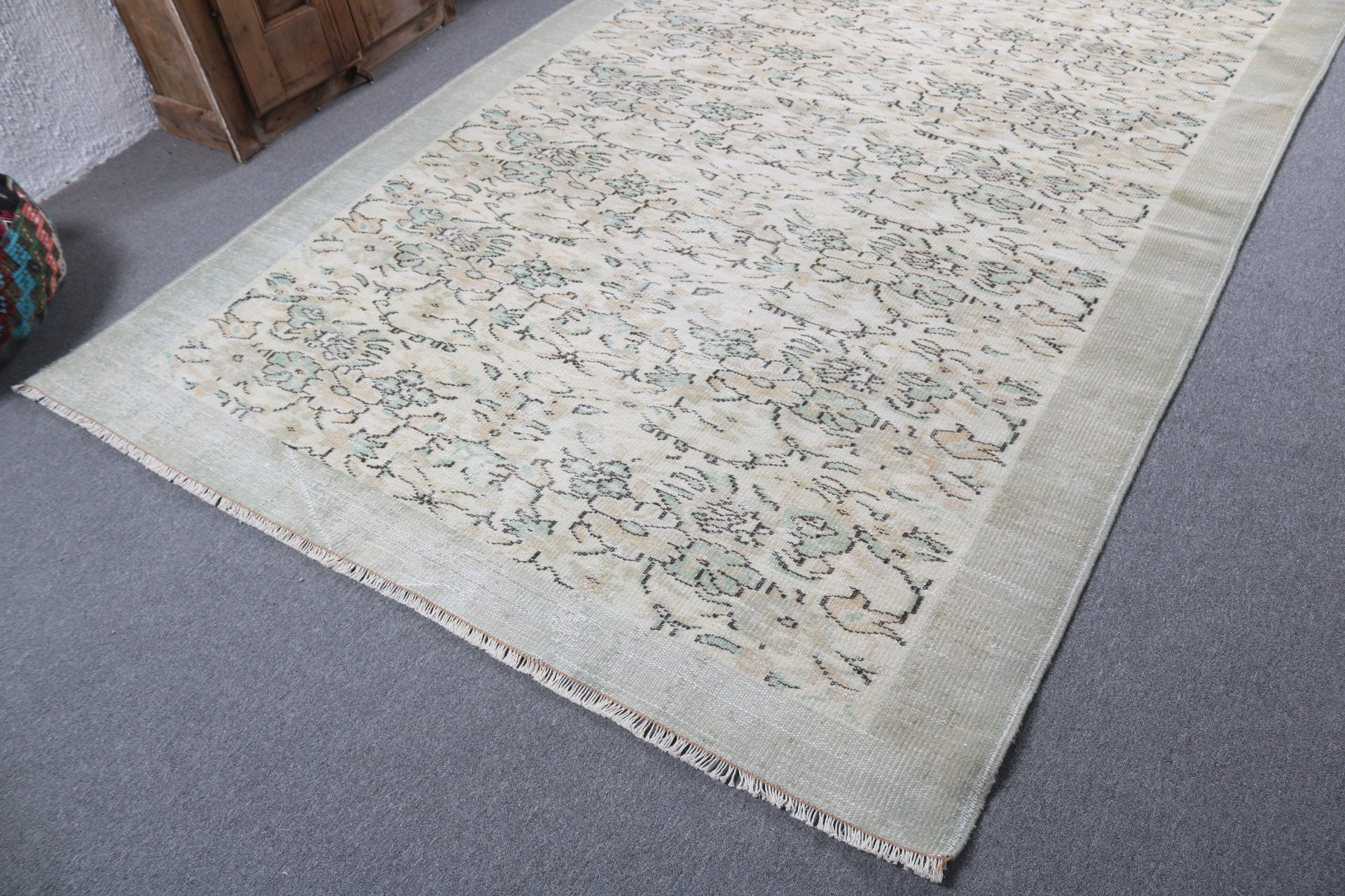 Floor Rug, Vintage Rug, Turkish Rug, Moroccan Rugs, 6.4x9.5 ft Large Rug, Salon Rugs, Green Statement Rug, Luxury Rug, Large Boho Rugs