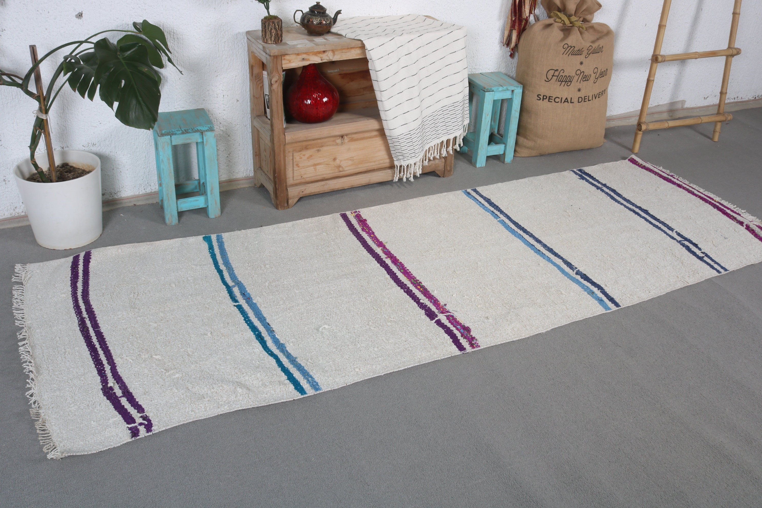 3x8.8 ft Runner Halı, Havalı Halılar, Merdiven Halıları, Mutfak Halıları, Beyaz Ev Dekor Halısı, Koridor Halısı, Türk Halısı, Vintage Halı