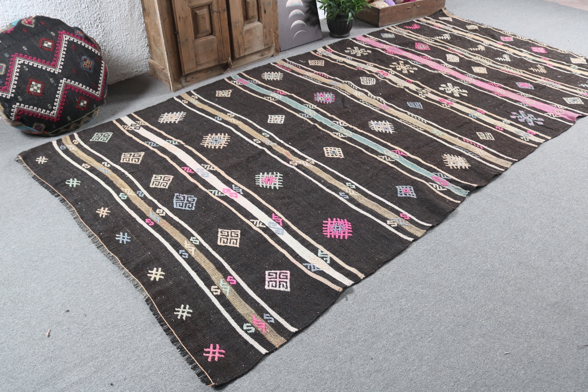 Türk Halıları, Vintage Halı, Düz Dokuma Halı, Büyük Oushak Halı, Siyah Yün Halılar, Kilim, Nötr Halı, Büyük Vintage Halı, 6.1x10.9 ft Büyük Halılar