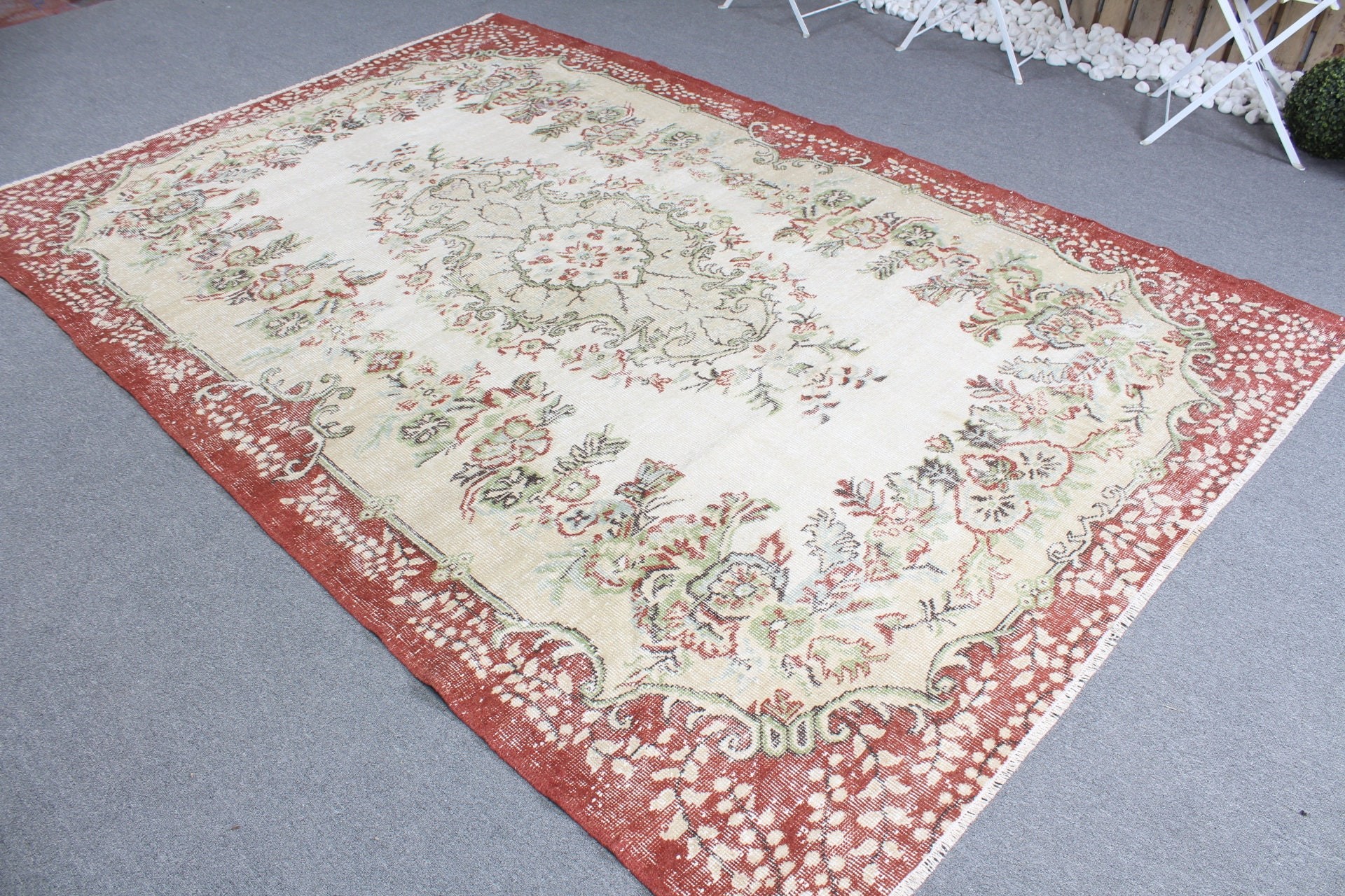 Sanat Halıları, Oushak Halısı, Türk Halısı, Yemek Odası Halıları, Bej Anadolu Halısı, Vintage Halı, Salon Halısı, 6,4x9,5 ft Büyük Halı