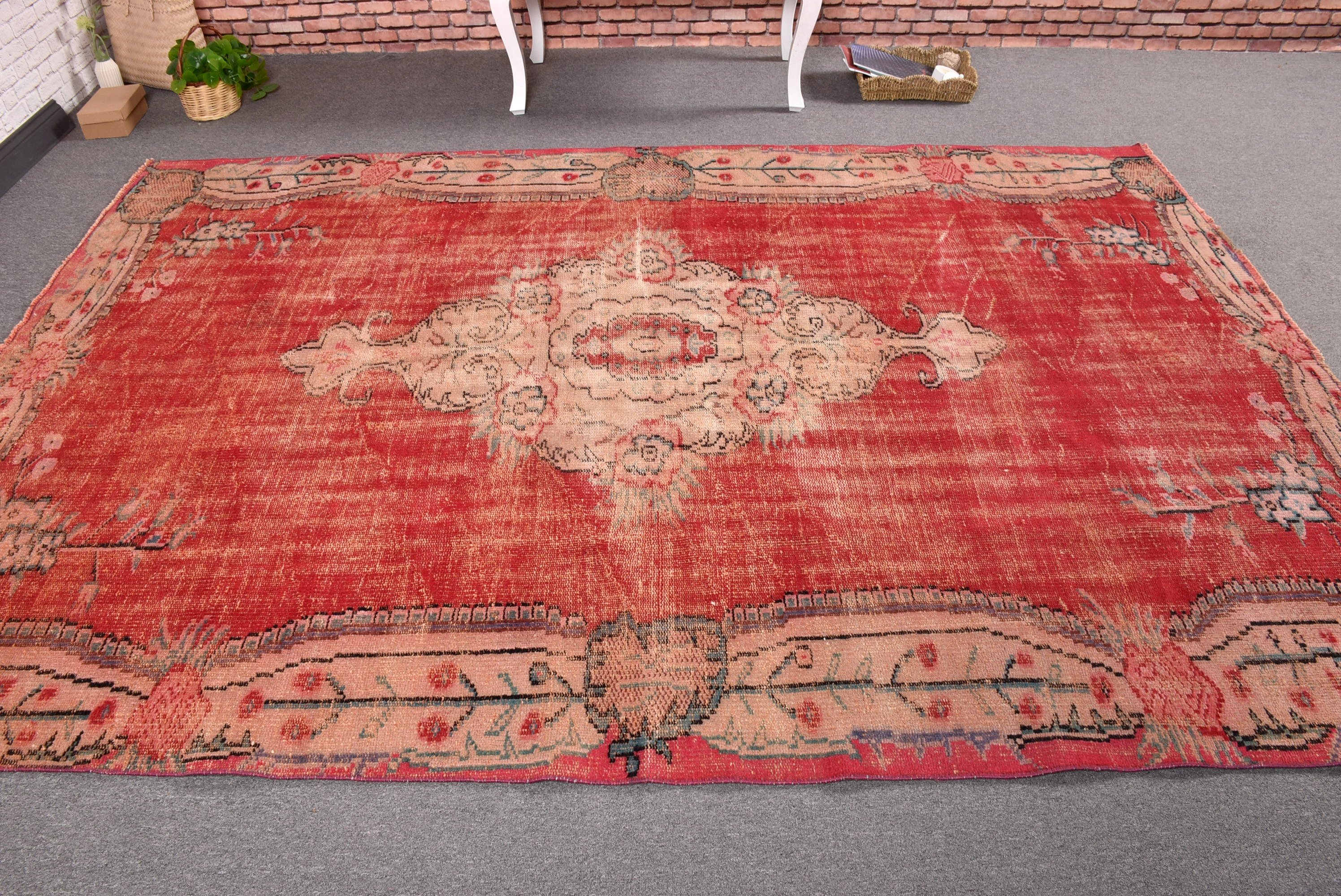 Living Room Rug, Flatweave Rugs, Large Oushak Rug, Vintage Rugs, Cool Rug, Red Geometric Rugs, Turkish Rugs, 6.4x9.2 ft Large Rugs