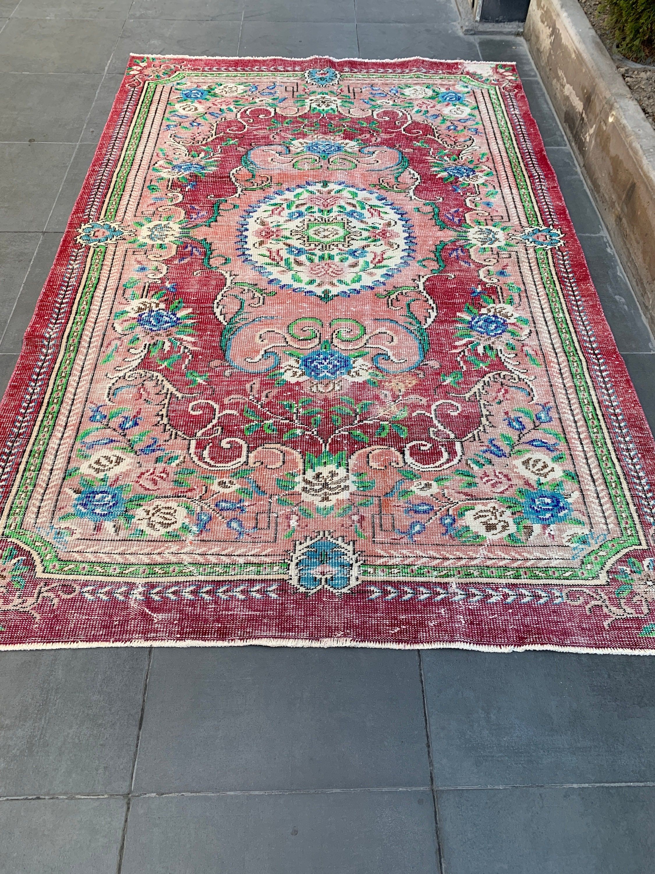 Vintage Halı, Türk Halısı, 6.1x9.4 ft Büyük Halı, Kırmızı Soğuk Halı, Salon Halıları, Yün Halı, Yemek Odası Halısı, Oturma Odası Halıları