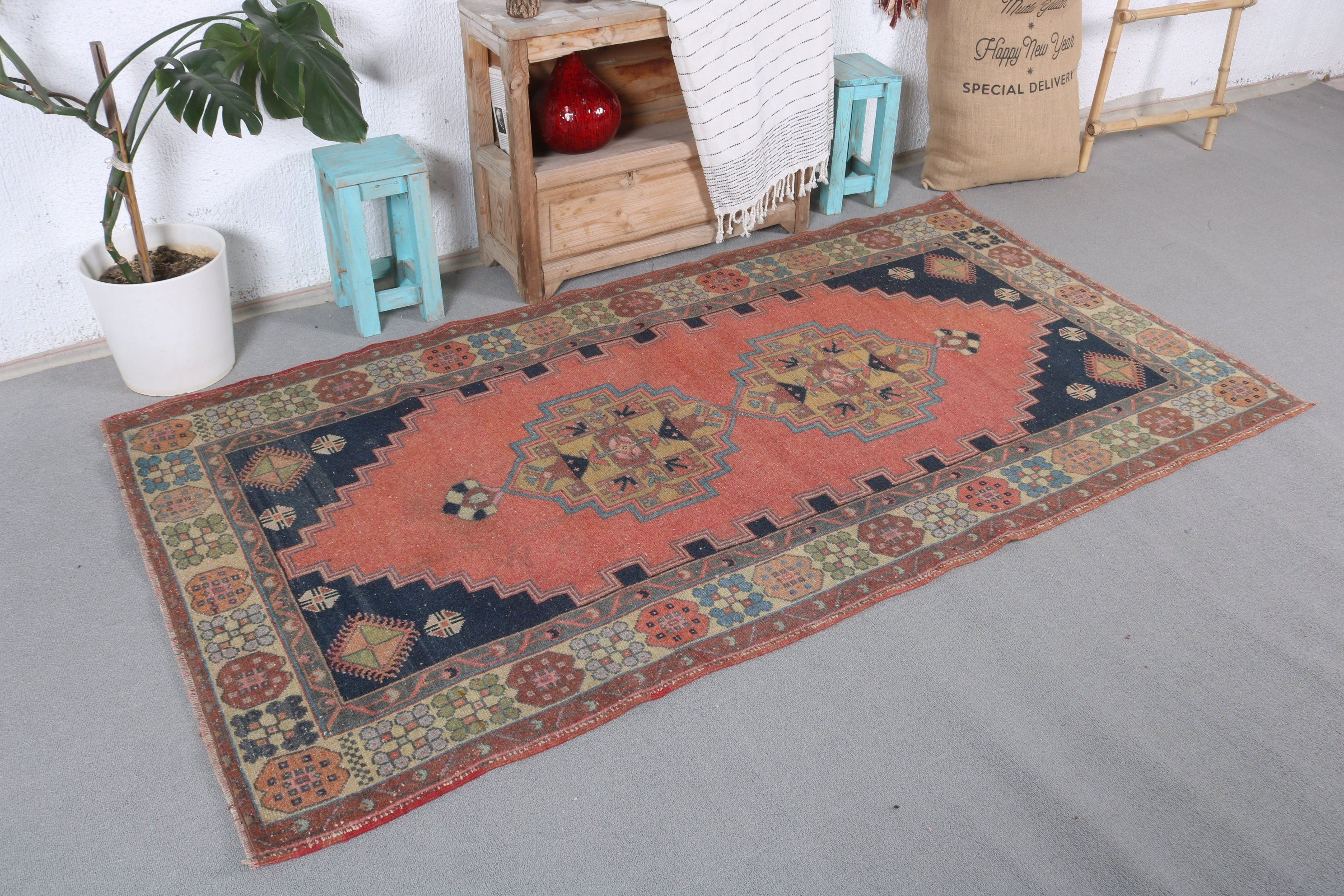 Vintage Rug, Floor Rug, Rugs for Living Room, Turkish Rug, 3.8x7.2 ft Area Rugs, Red Moroccan Rug, Turkey Rug, Antique Rugs, Bedroom Rug