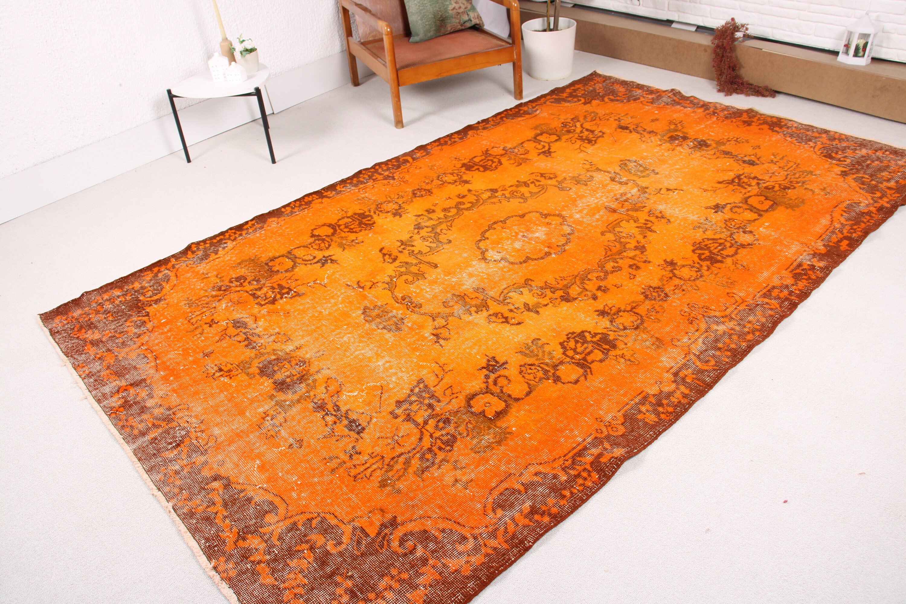 Vintage Halılar, Antika Halı, Türk Halıları, Sanat Halısı, Yemek Odası Halıları, 5.9x9.5 ft Büyük Halı, Salon Halısı, Turuncu Oushak Halıları, Ev Dekorasyonu Halıları