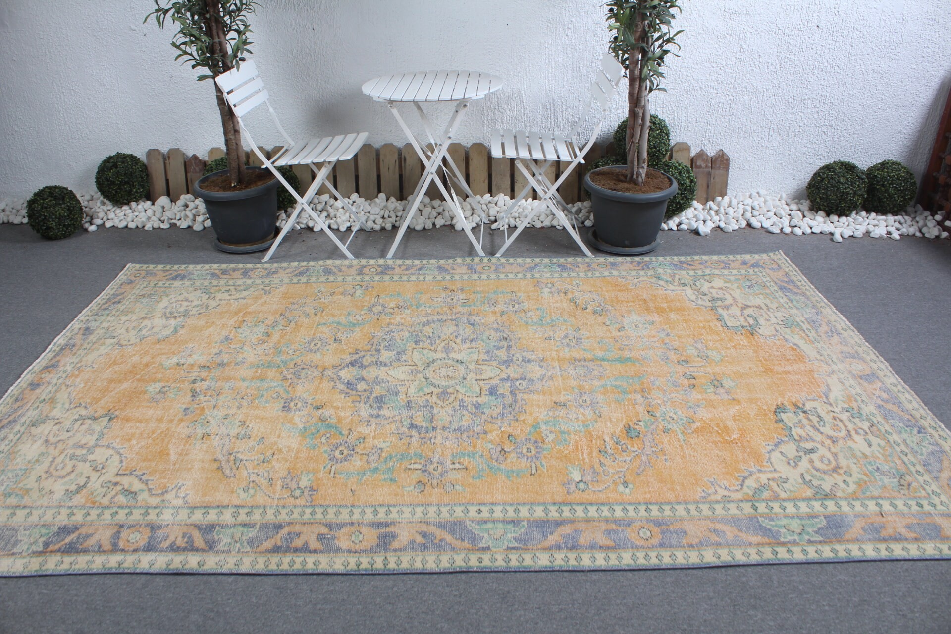 Salon Halıları, Yatak Odası Halıları, Türk Halıları, Mutfak Halısı, Vintage Dekor Halısı, Vintage Halılar, Sarı 6x9.7 ft Büyük Halı, Oushak Halısı