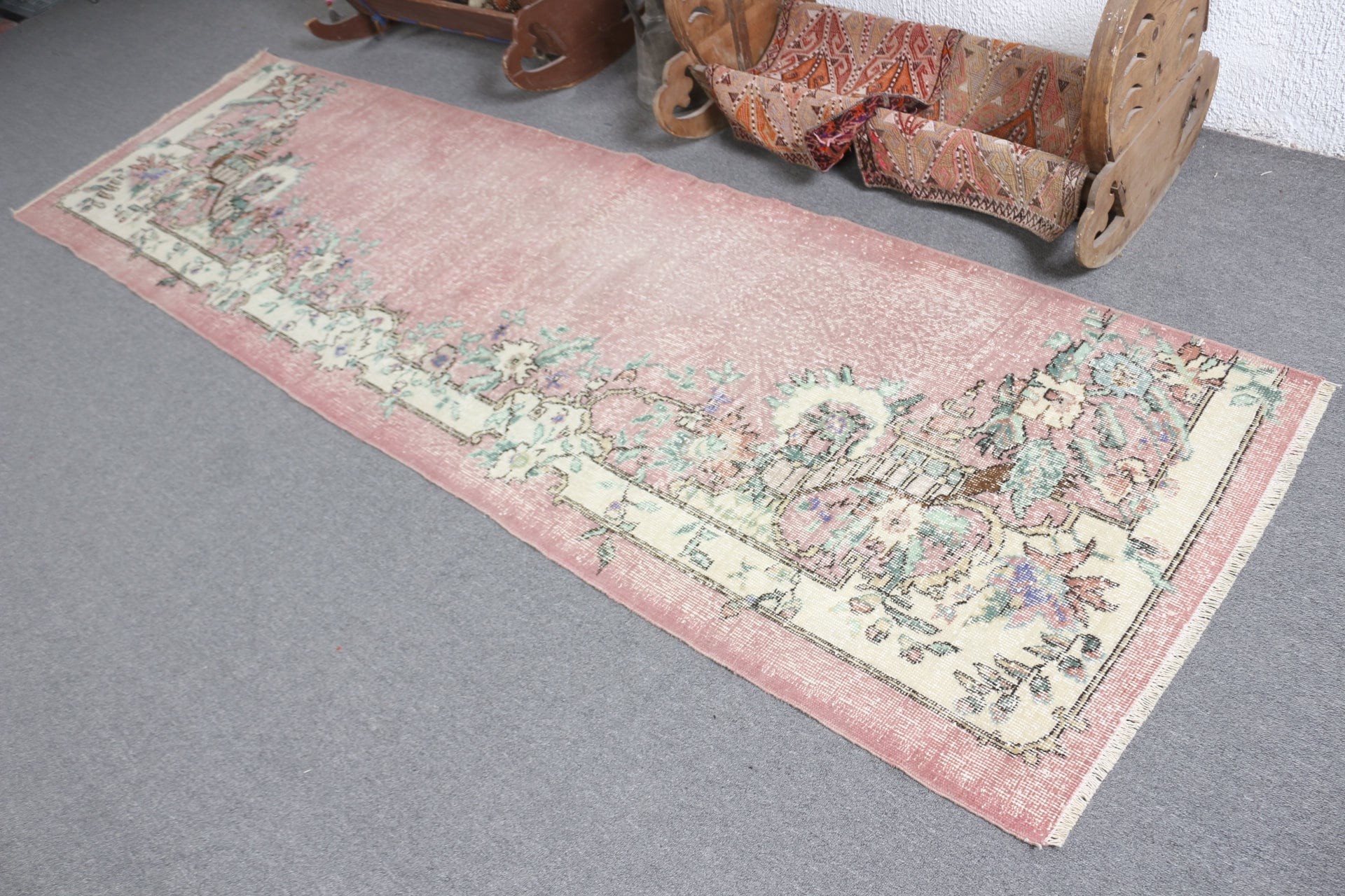 Vintage Halılar, Harika Halılar, Pembe 3x10,3 ft Yolluk Halısı, Oryantal Halı, Koridor Halıları, Koridor Halısı, Türk Halıları, Koridor Halısı