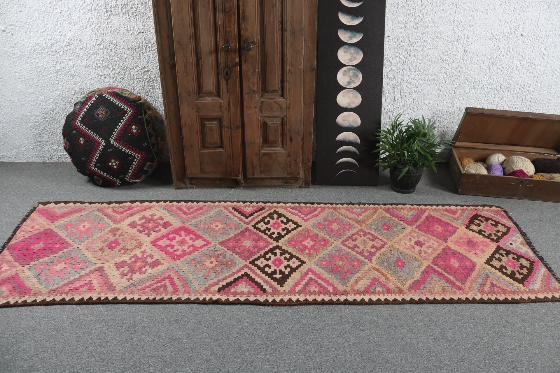 Geometrik Halı, 2.9x9 ft Runner Halı, Vintage Runner Halılar, Mutfak Halıları, Vintage Halılar, Pembe Havalı Halılar, Anadolu Halısı, Türk Halıları