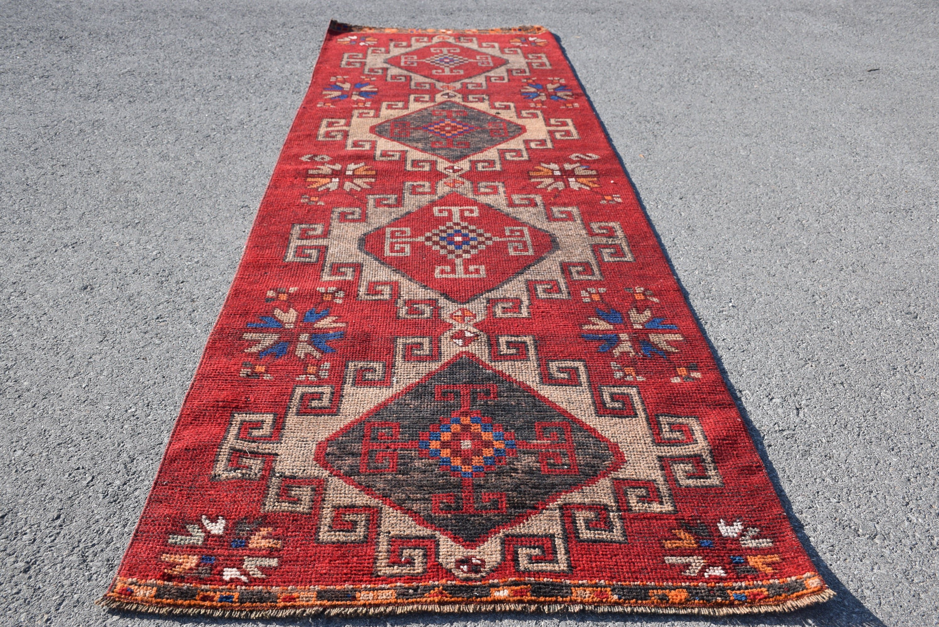 Red Oushak Rug, Kitchen Rug, Boho Rug, Turkish Rug, 3.1x10.4 ft Runner Rugs, Antique Rug, Vintage Rug, Rugs for Runner, Hallway Rugs